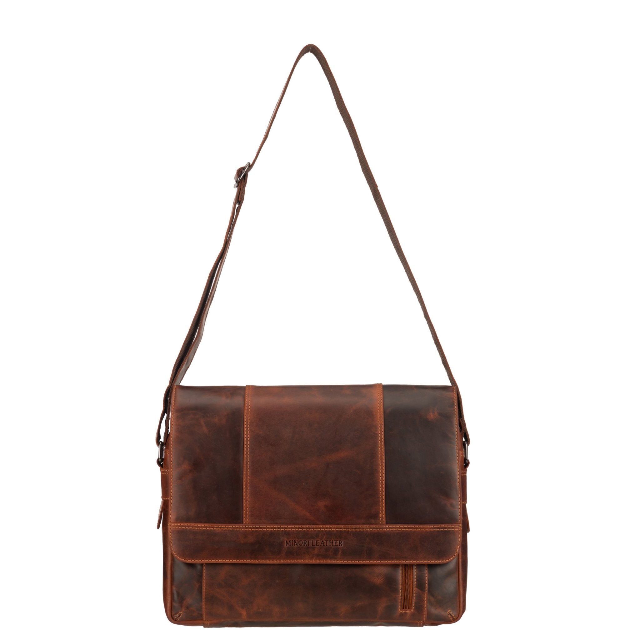 Minori Leather Jordan leather messenger bag in chestnut, stylish laptop bag with adjustable strap and multiple compartments.