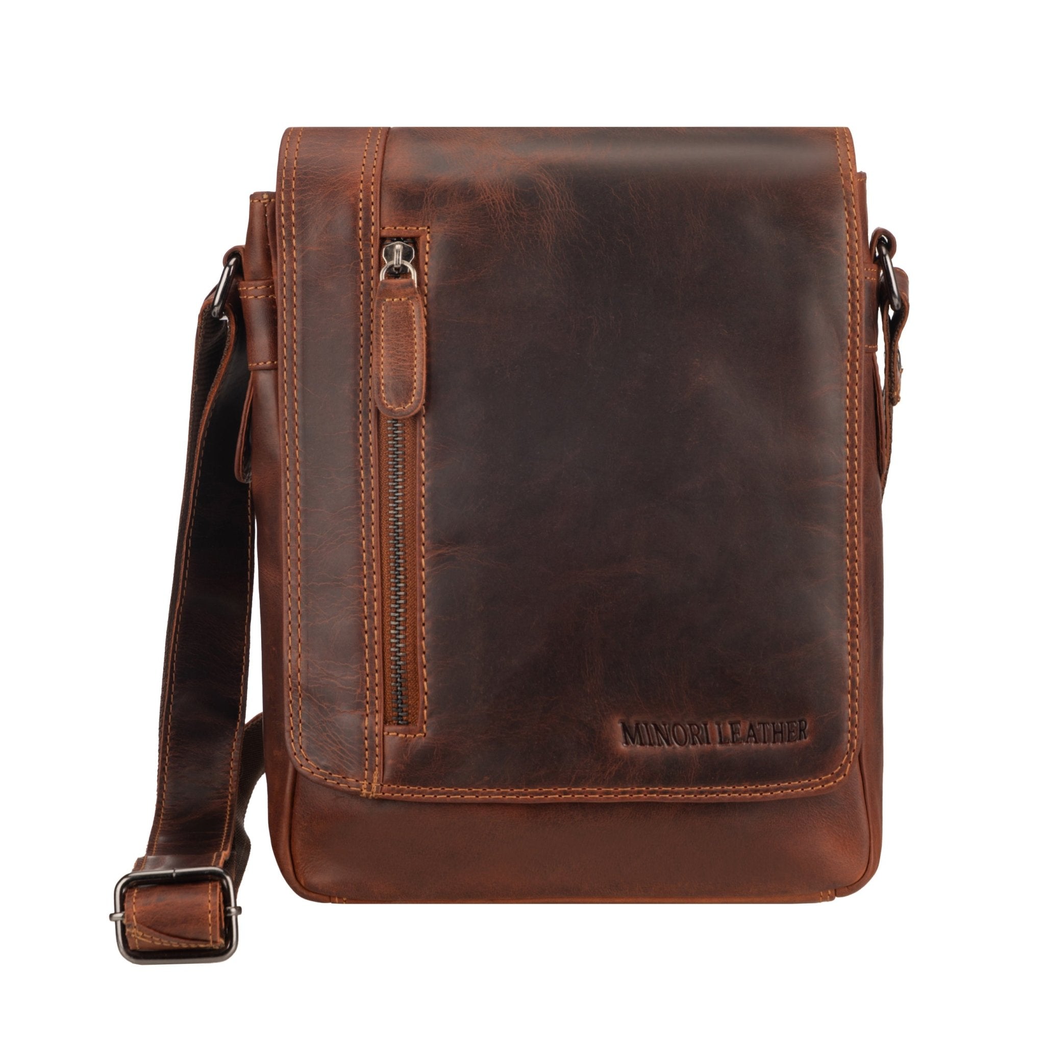 Minori Leather Knox Crossbody Bag in brown leather, featuring adjustable strap and compact design for everyday use.