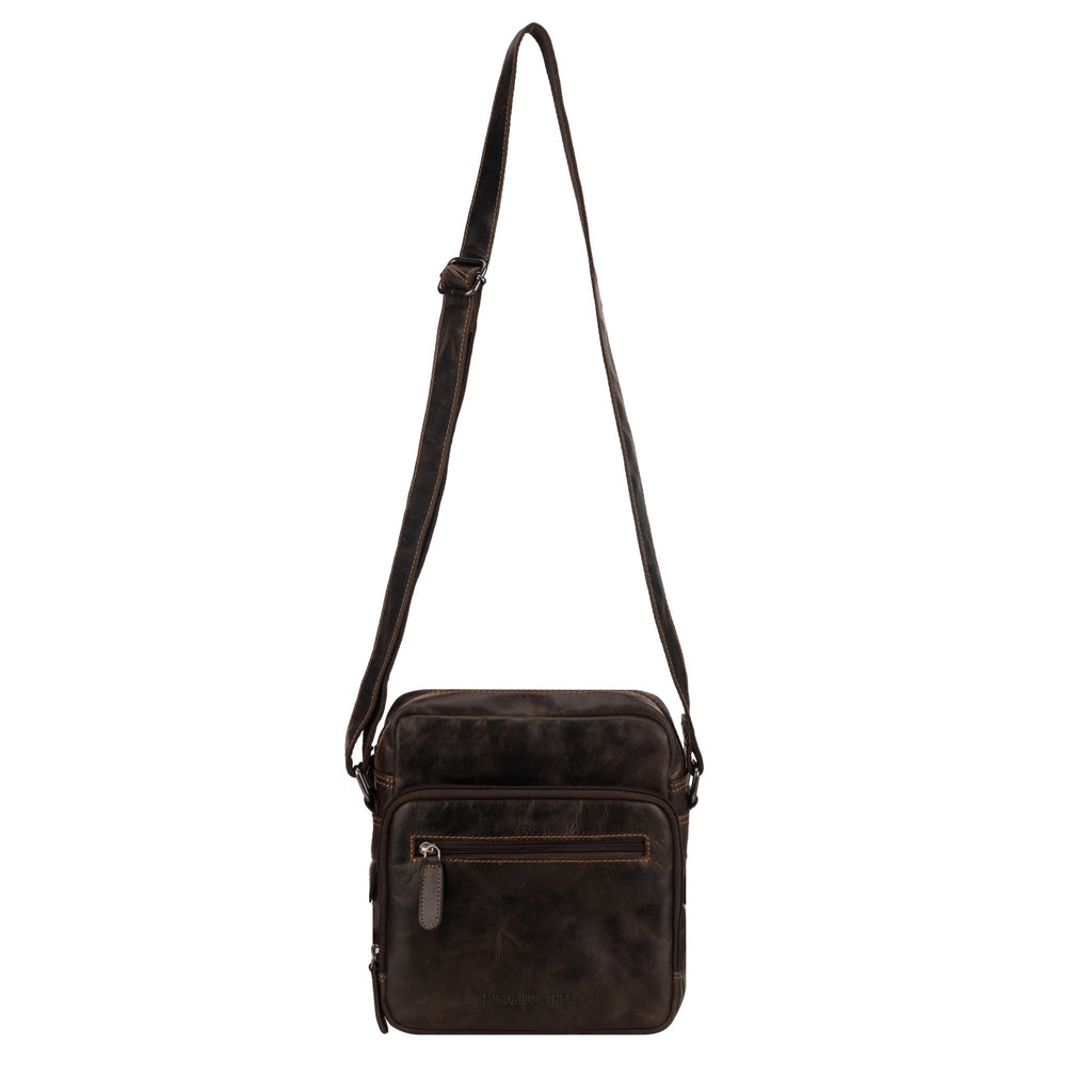 Minori Leather Harbor brown leather crossbody messenger bag with adjustable strap and sleek design.