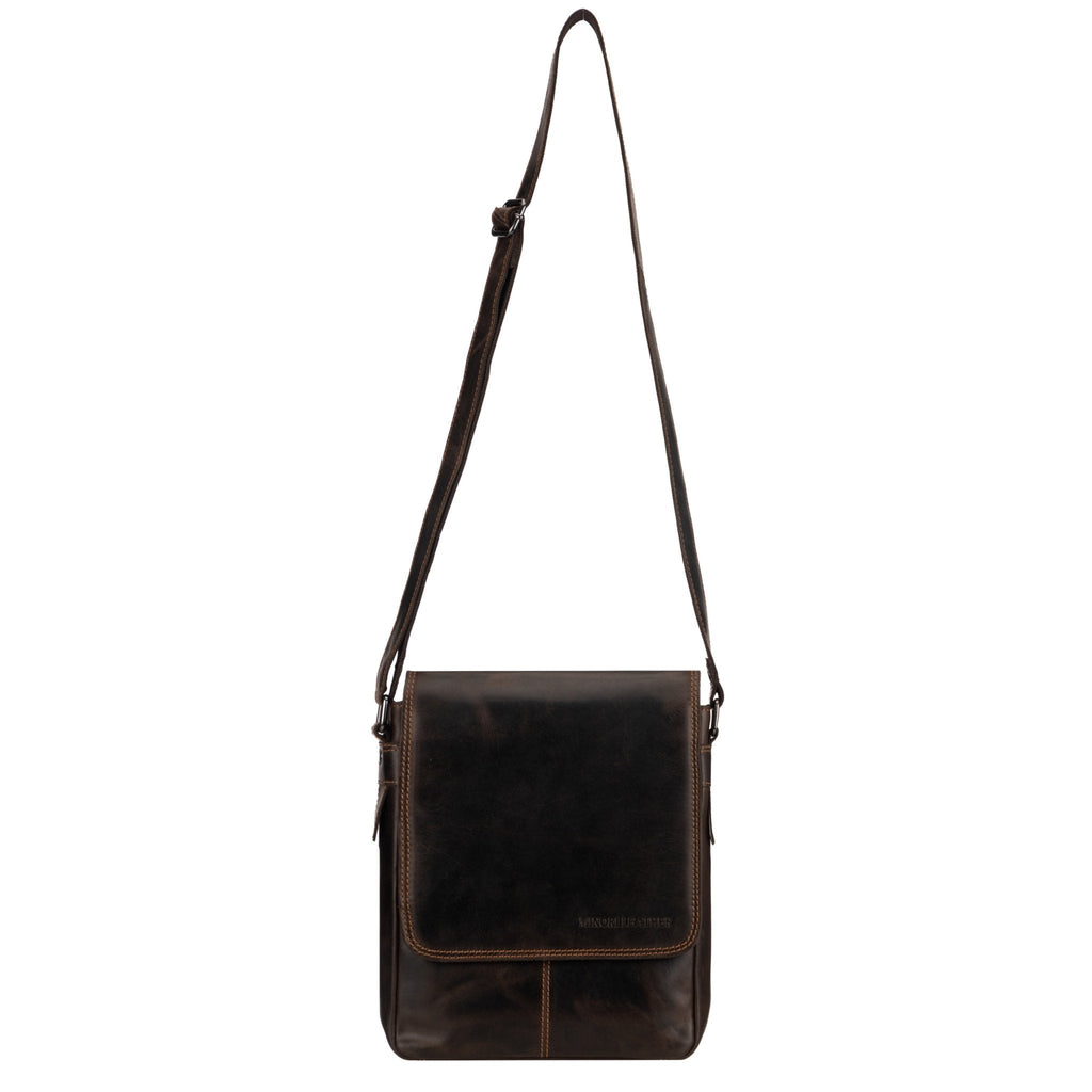 Minori Leather Halifax brown leather crossbody bag with adjustable strap and sleek design, perfect for everyday use.