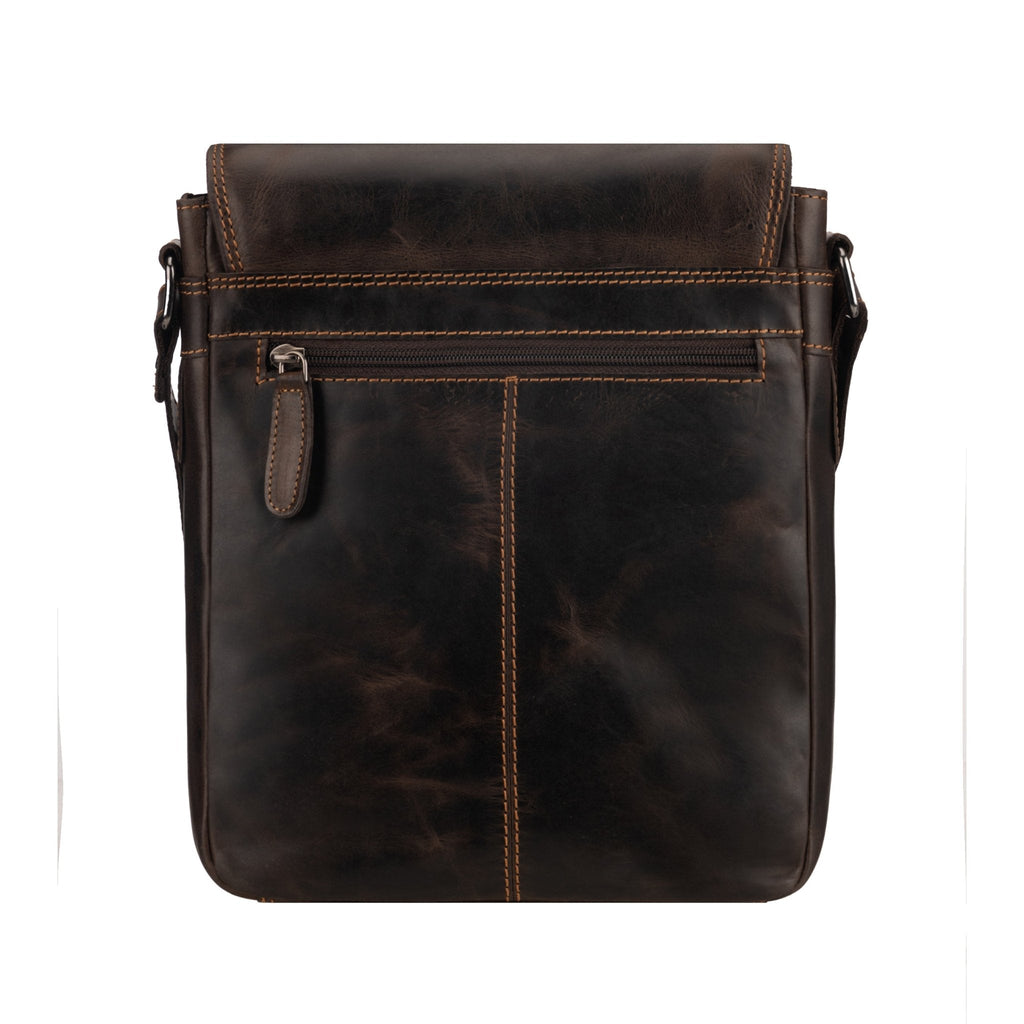 Minori Leather Halifax brown leather crossbody bag with adjustable strap and front pocket, stylish and compact for everyday use.