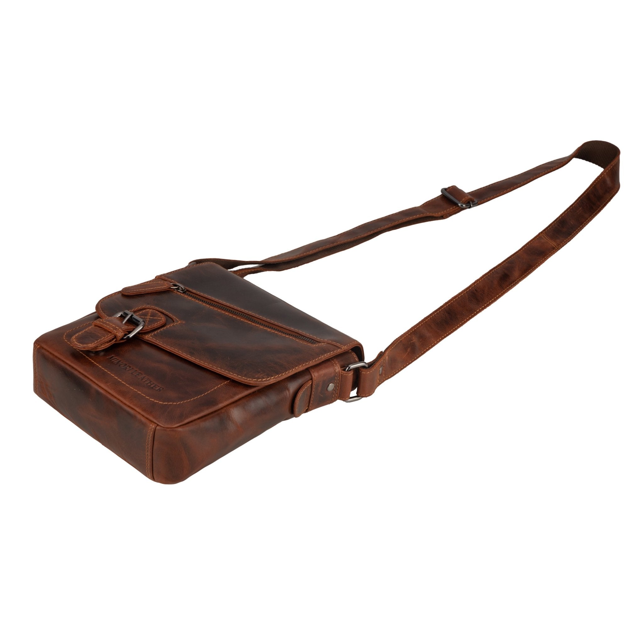 Minori Leather Dallas Leather Crossbody Bag in Chestnut, showcasing a stylish brown leather bag with adjustable strap and minimalist design.