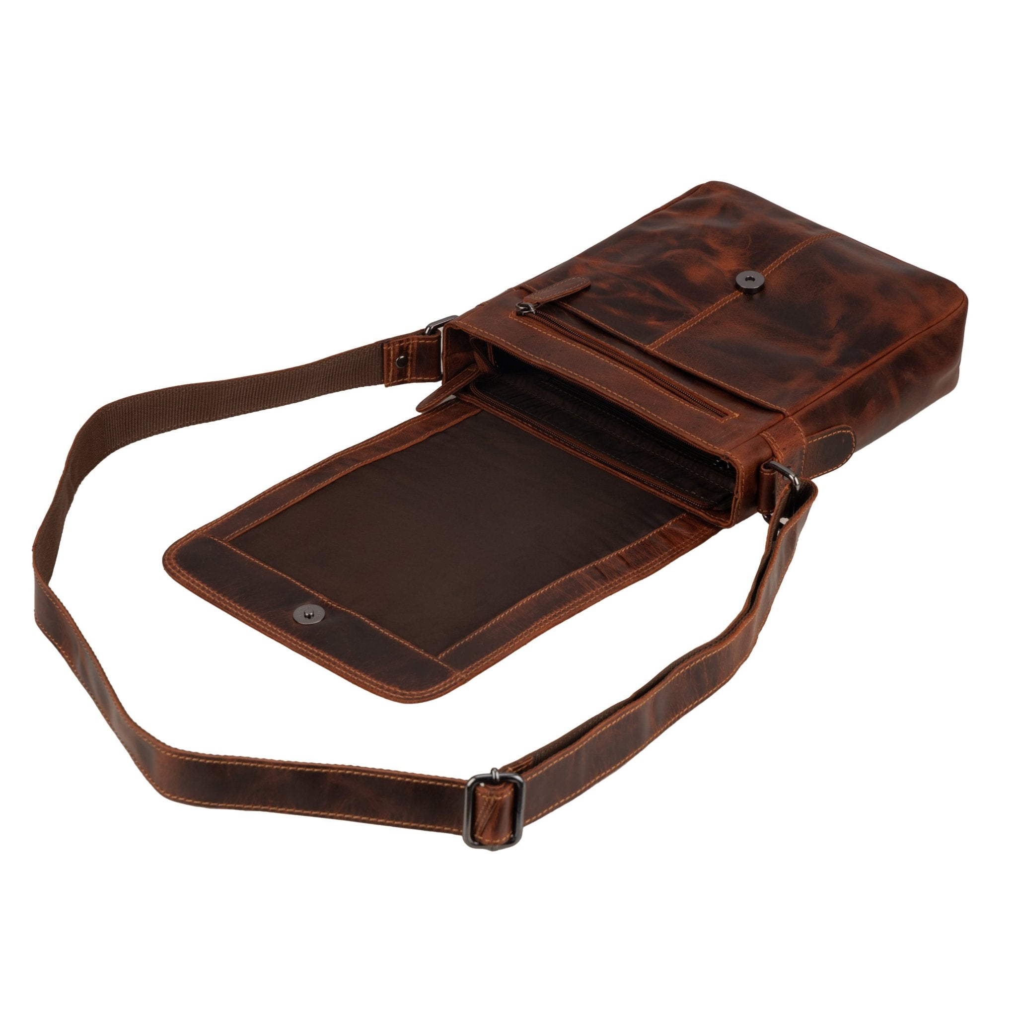 Minori Leather Halifax Crossbody Bag in chestnut leather with adjustable strap and sleek design.