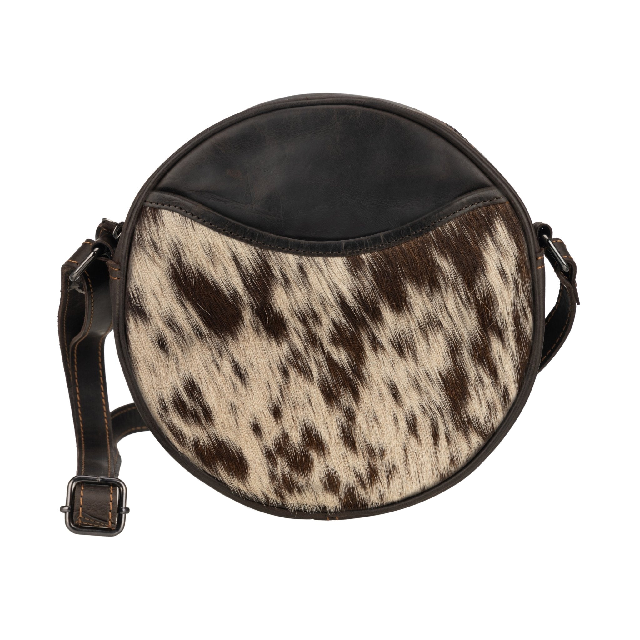 Luna Leather Round Crossbody Bag – Women's – Chestnut, Brown & Hair-On Brown - Minori Leather