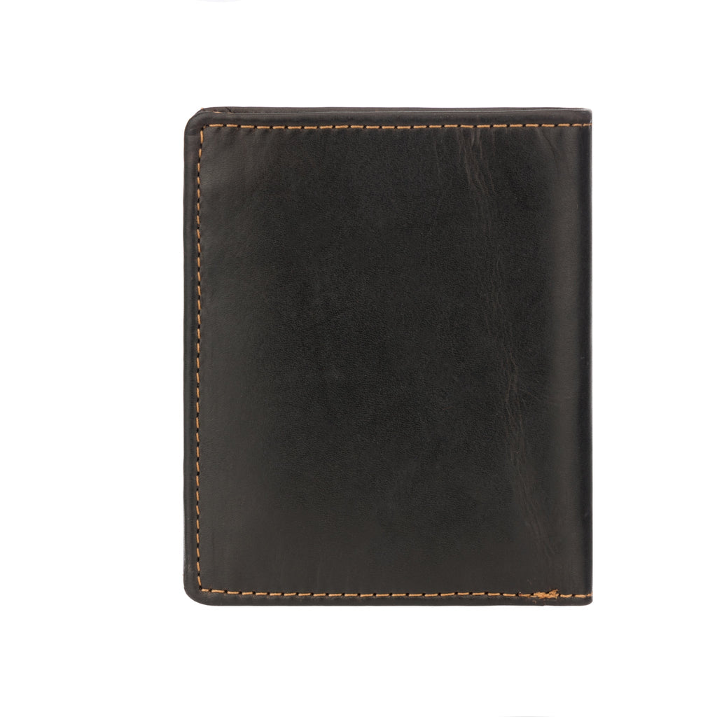 Brown Philip leather trifold wallet for men by Minori Leather, showing multiple card slots and a cash compartment.