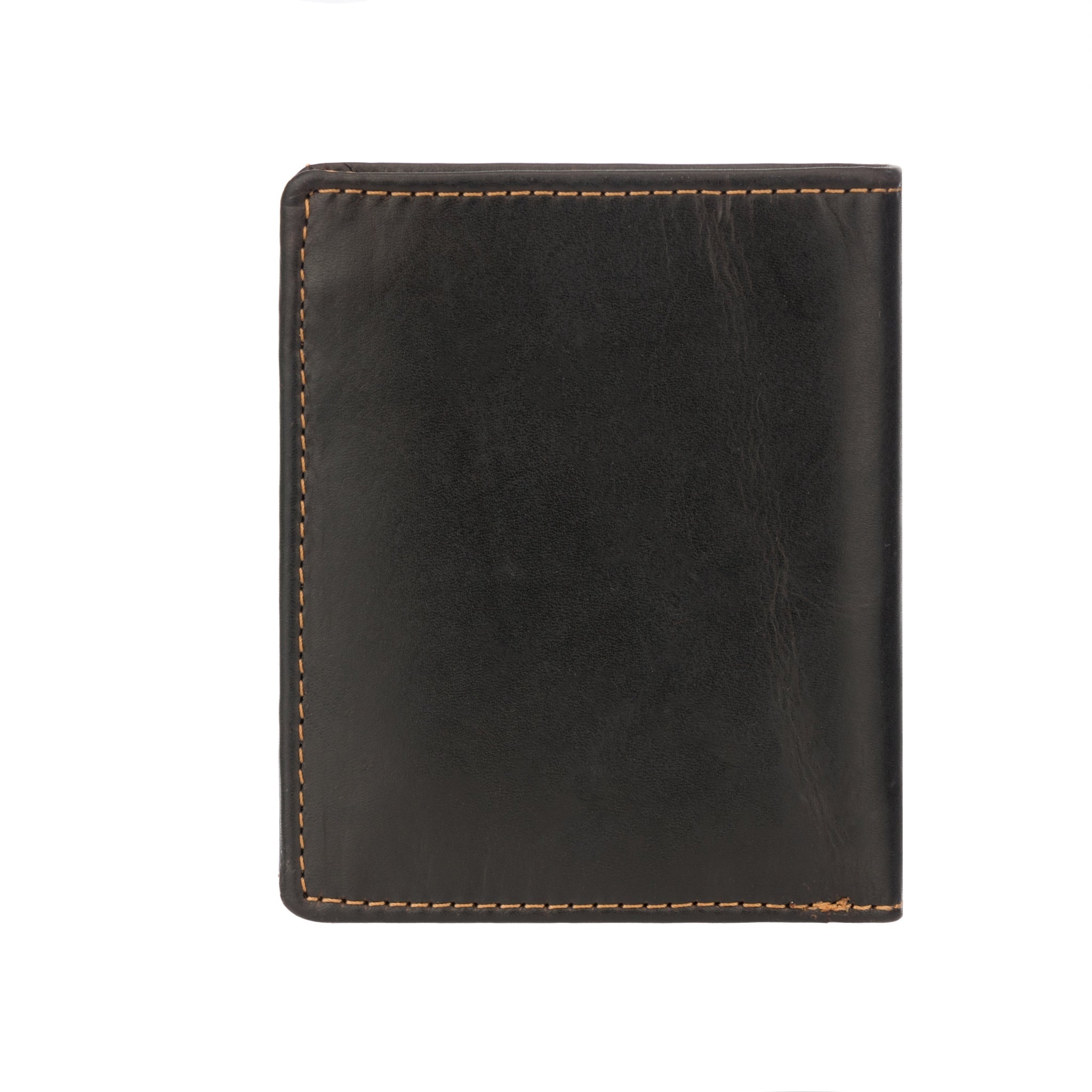 Brown Philip leather trifold wallet for men by Minori Leather, showing multiple card slots and a cash compartment.