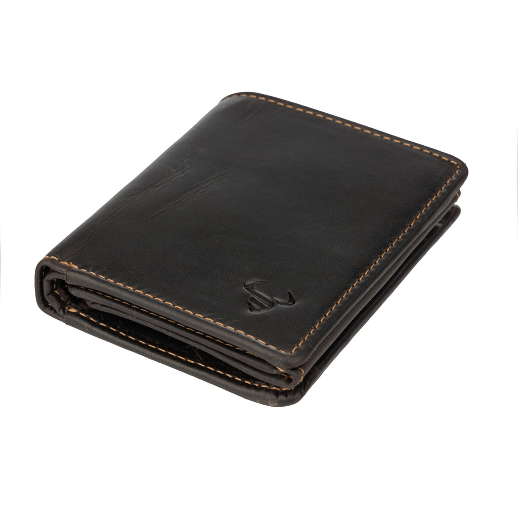 Minori Leather men's brown trifold wallet with multiple card slots and cash compartments, made from genuine leather.