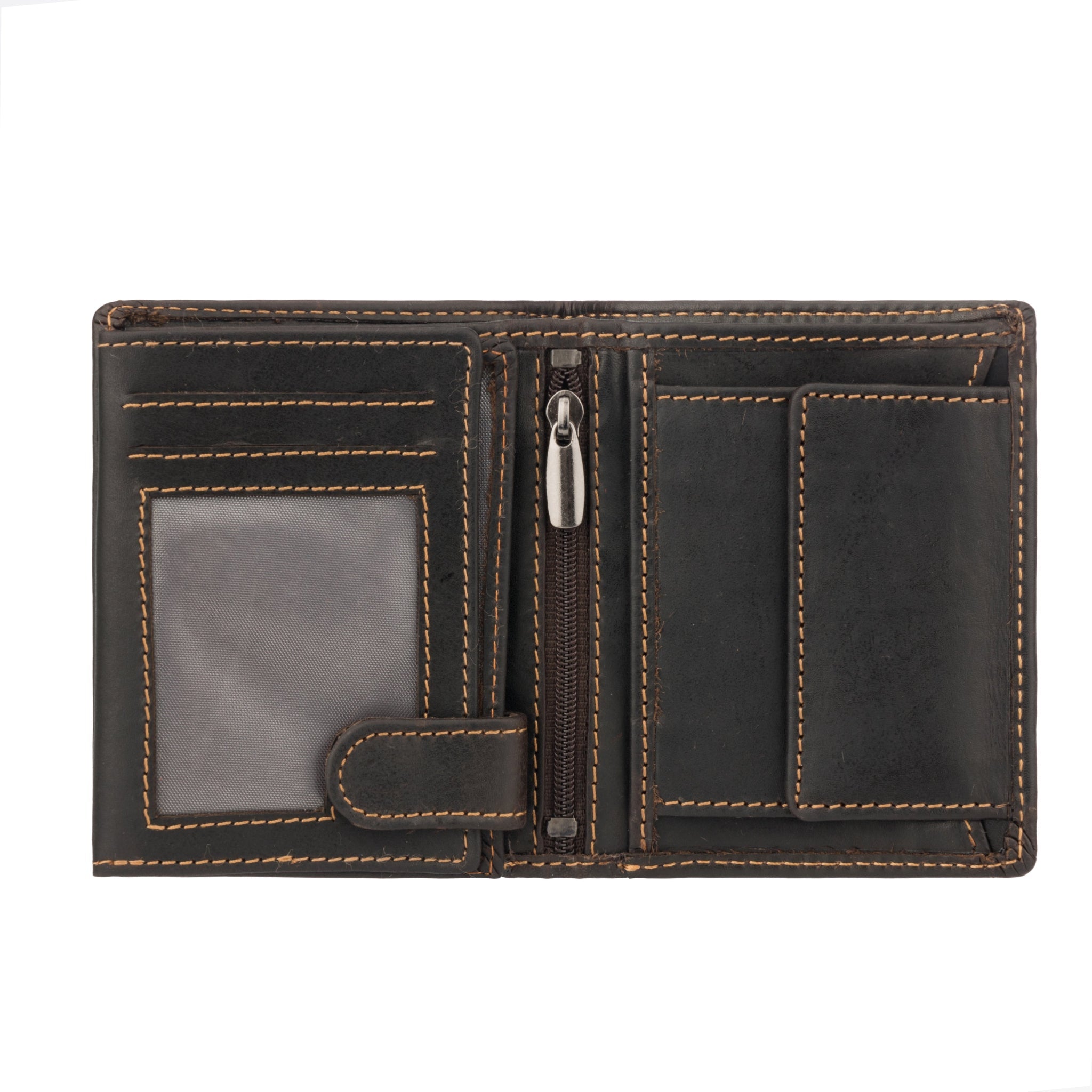 Brown Philip leather trifold wallet for men by Minori Leather, showing multiple card slots and classic design.