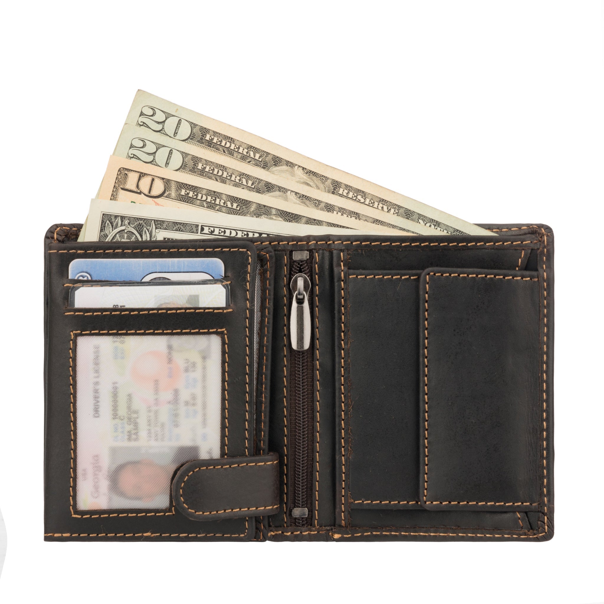Brown Philip leather trifold wallet for men by Minori Leather, featuring multiple card slots and a sleek design.