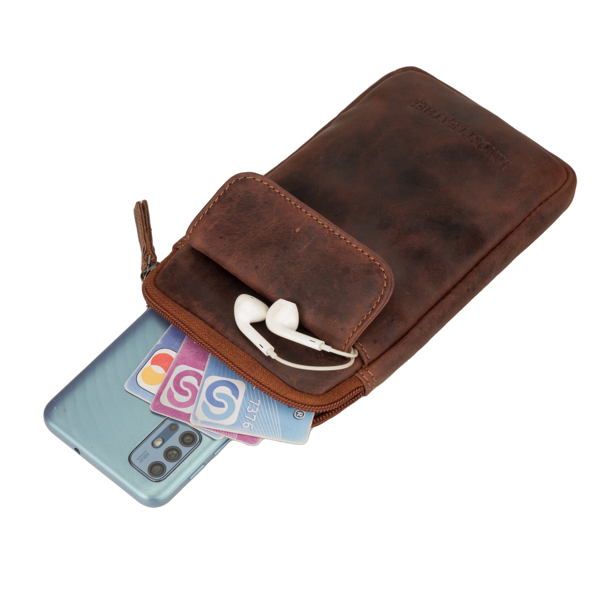 Minori Leather Freya leather sling bag in chestnut, unisex design with adjustable strap, showcased in front view.