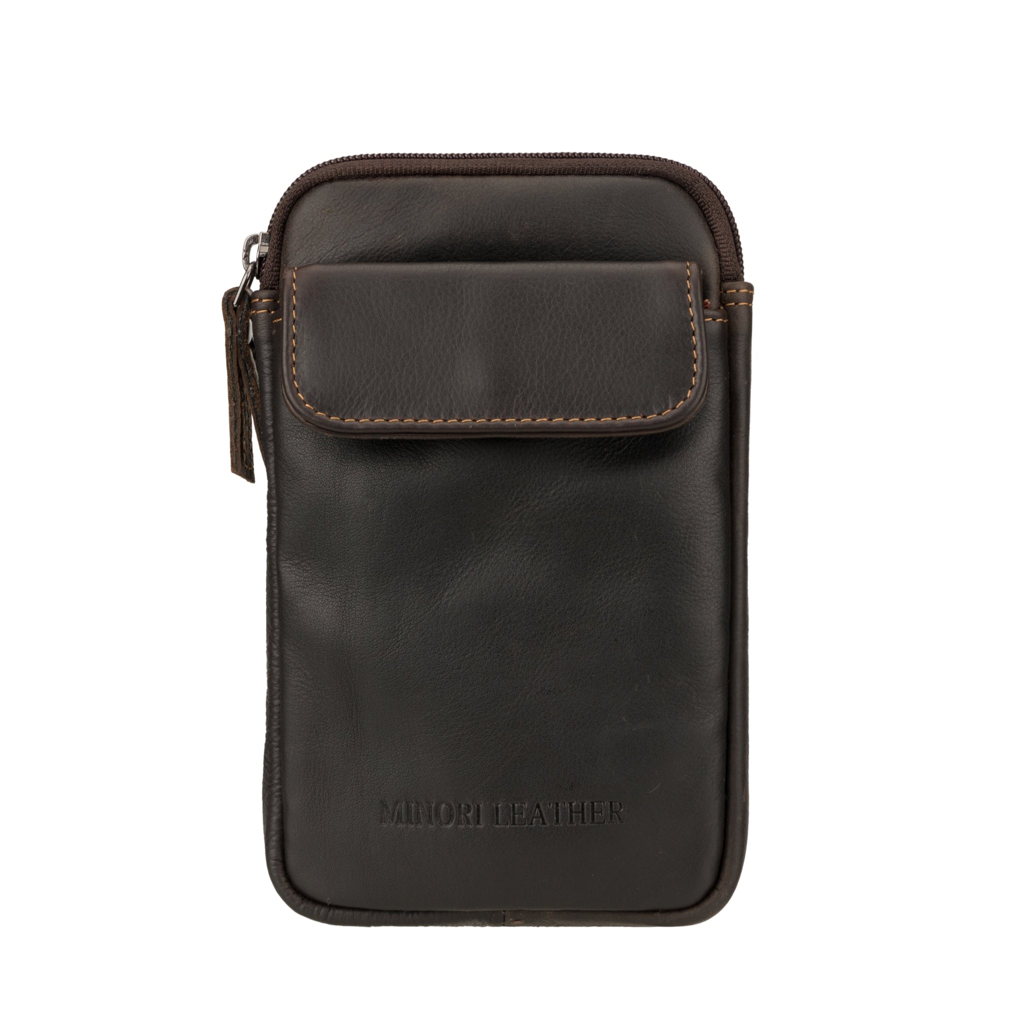 Minori Leather Freya unisex brown leather sling bag showing a sleek strap and compact design on a plain background
