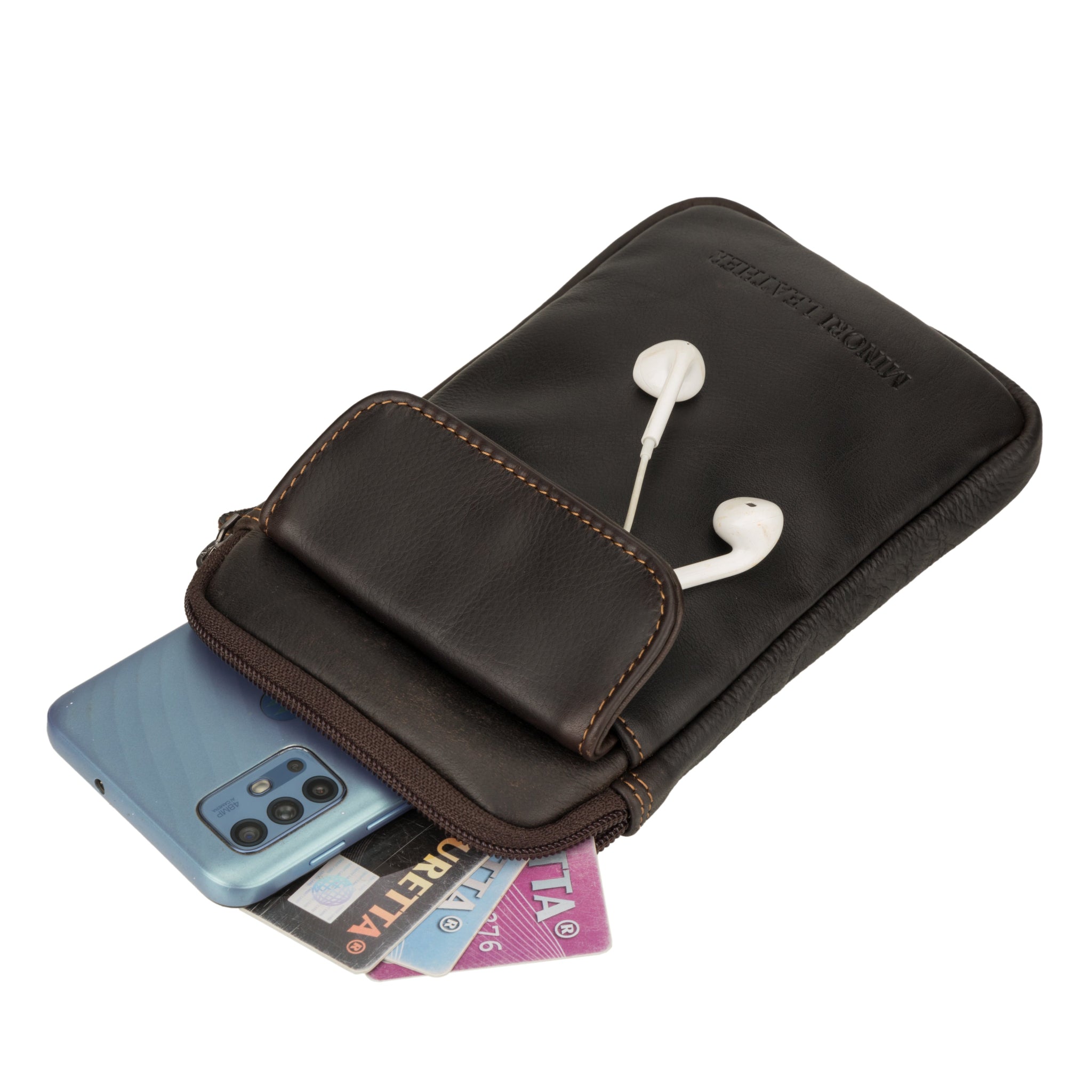 Brown Freya leather sling bag by Minori Leather, unisex design with adjustable strap and minimalist style.
