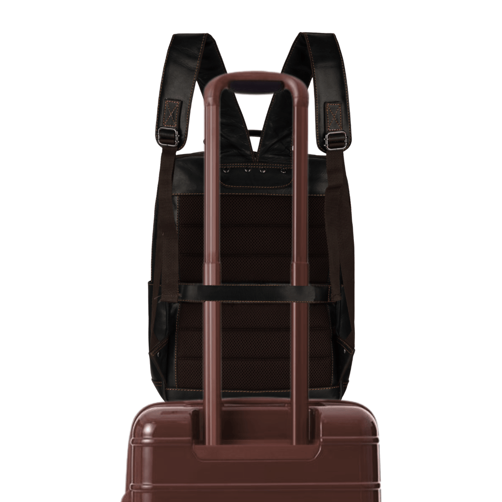 Minori Leather Orlando unisex brown leather backpack with 16-inch size, featuring adjustable straps and spacious interior.