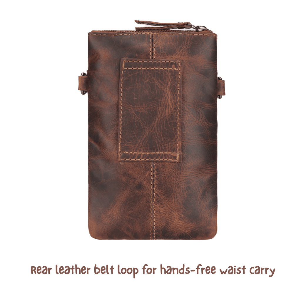 Unisex Ashford Leather Sling Bag by Minori Leather in chestnut, featuring a compact design with adjustable strap and leather finish.