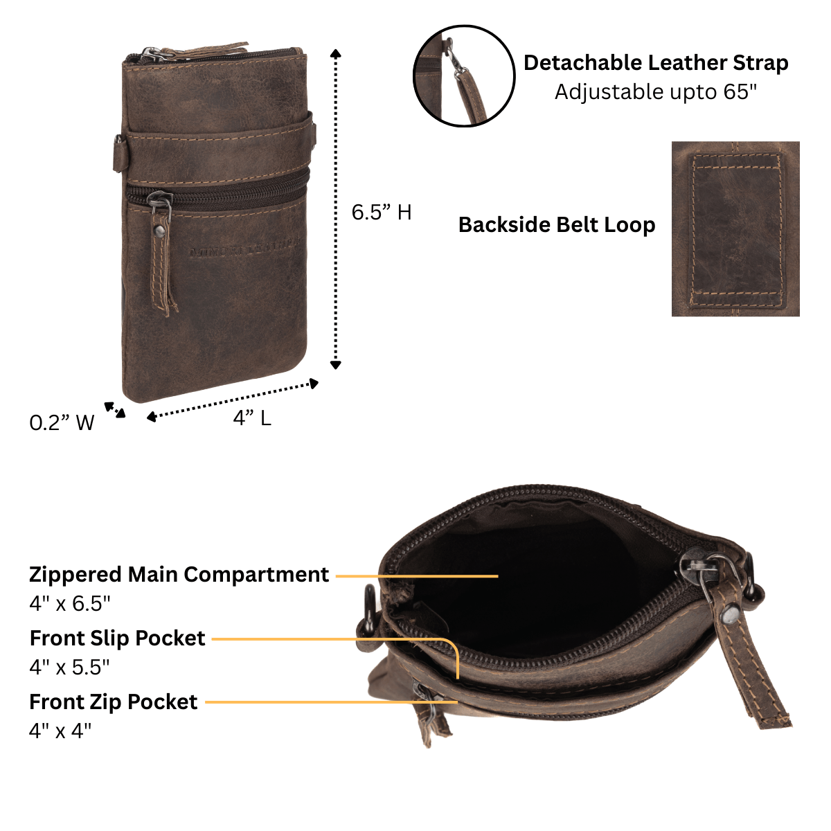 Minori Leather Ashford brown leather sling bag with adjustable strap and sleek design, perfect for unisex casual use.