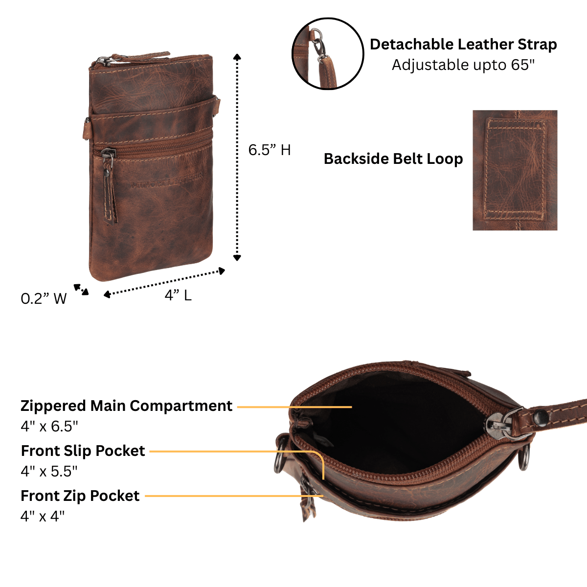 Minori Leather Ashford leather sling bag in chestnut, featuring a unisex design with adjustable strap and classic leather finish.
