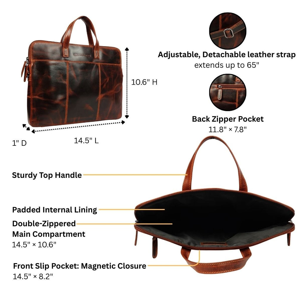 Minori Leather Atlas 14-inch unisex leather laptop sleeve in chestnut with smooth finish and secure zipper closure.
