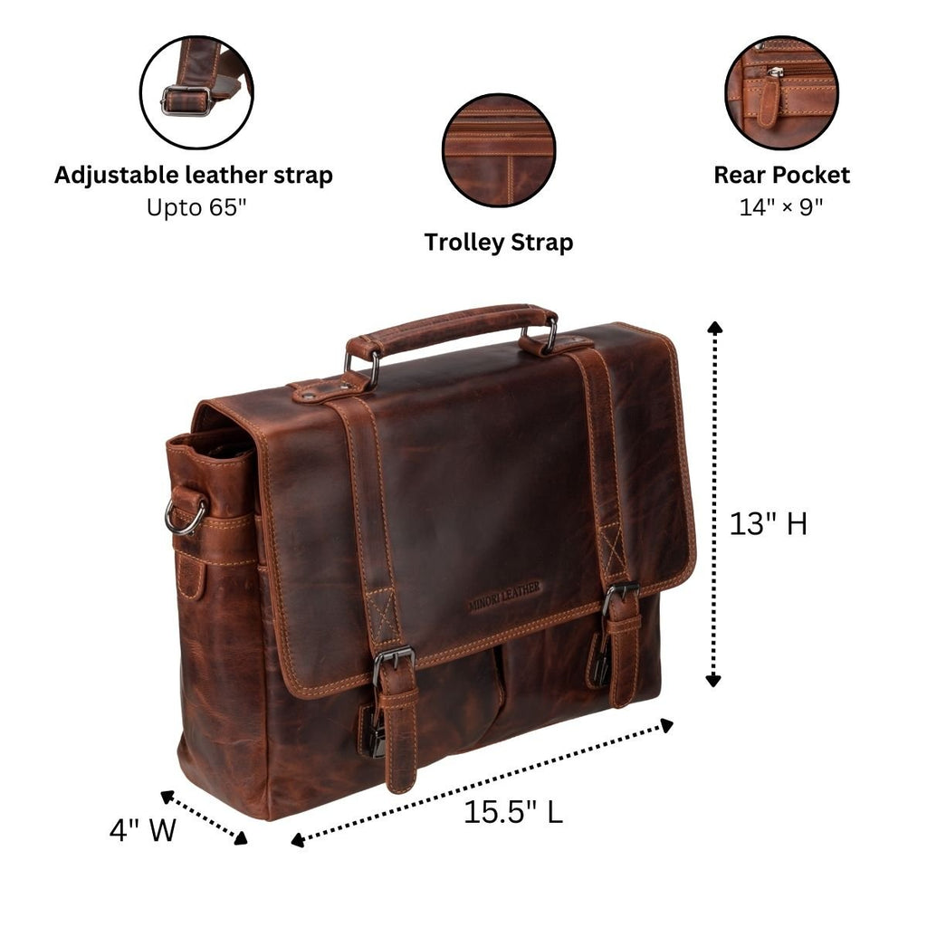 Minori Leather Boston 16-inch unisex leather briefcase bag in chestnut, showing its structured design and sturdy handle.
