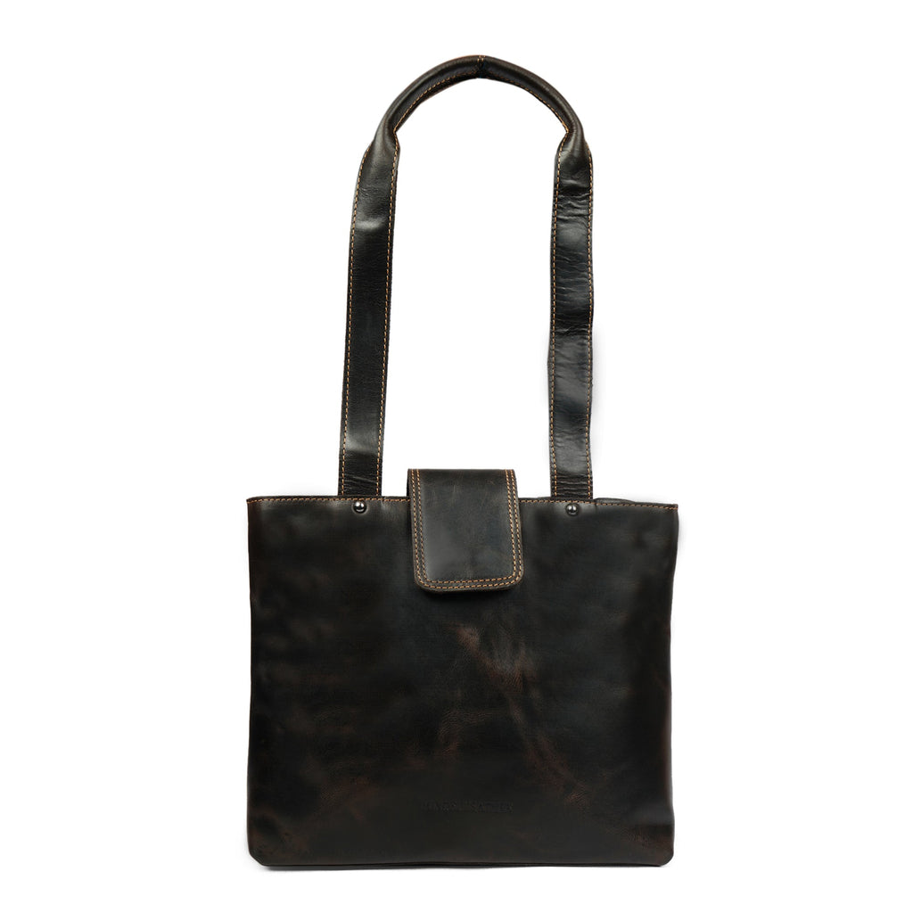 Brown Minori Leather Bennett shoulder tote bag with sturdy leather handles and spacious interior for everyday use.