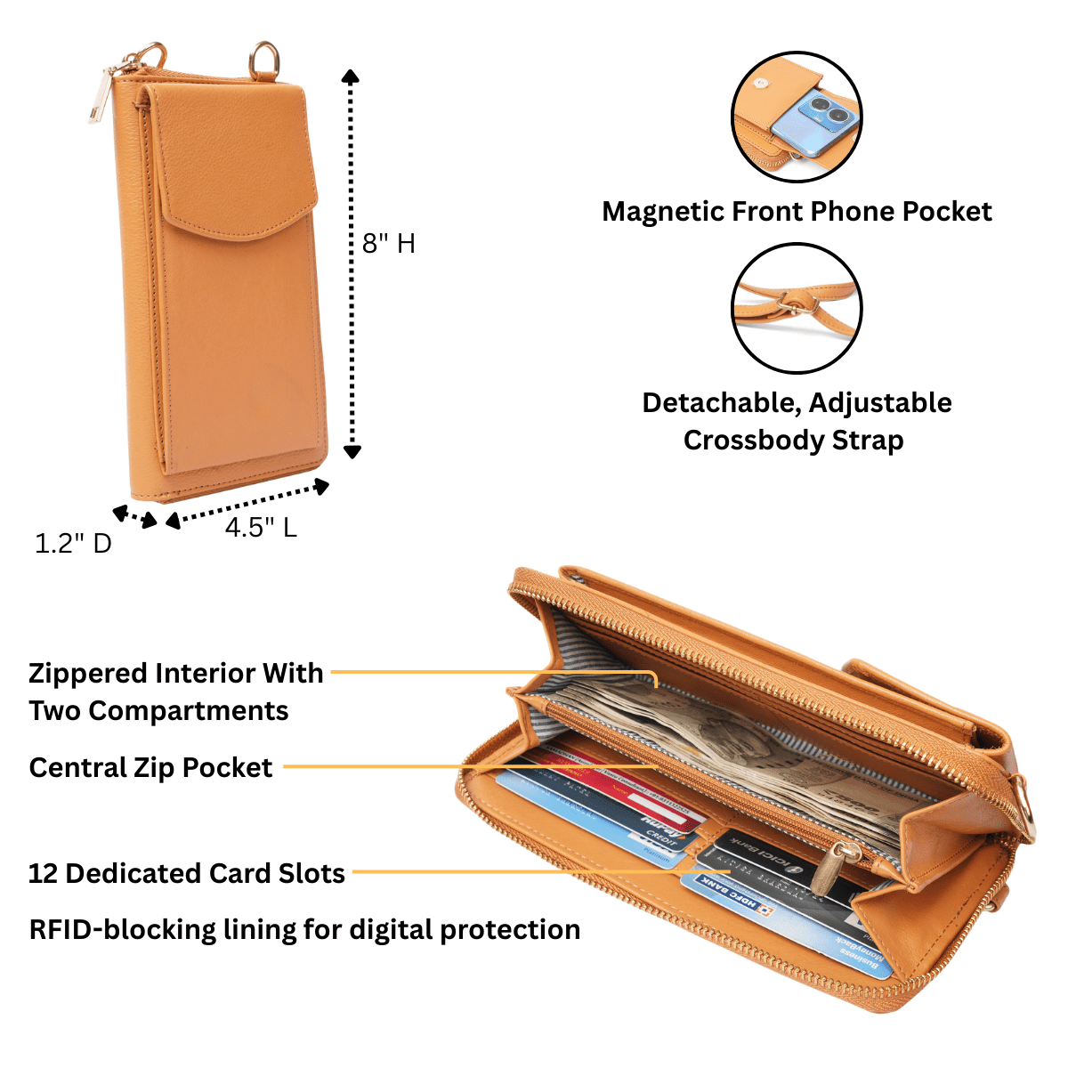 Tan Minori Leather Billie wallet crossbody bag for women, featuring a sleek leather wallet with a strap and compact design.