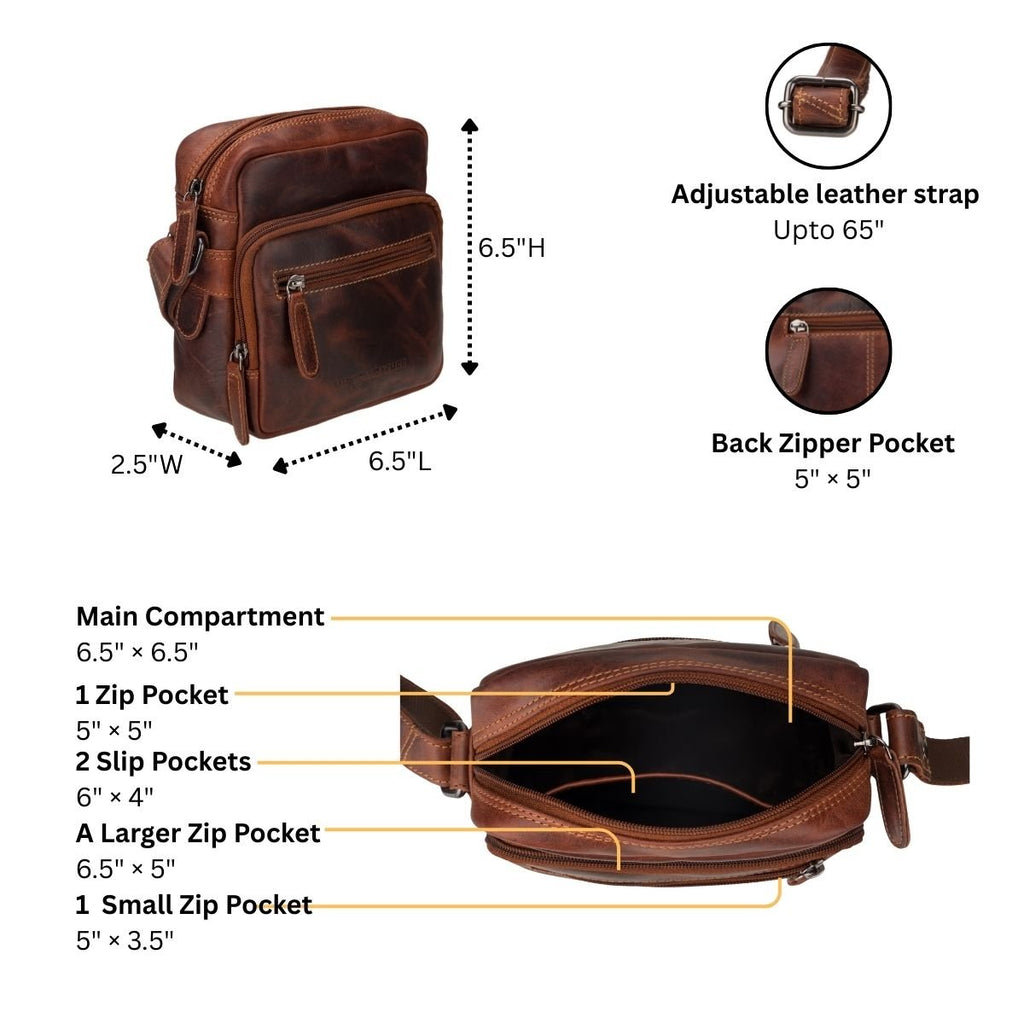 Minori Leather Cove leather crossbody bag in chestnut with adjustable strap and minimalist design.