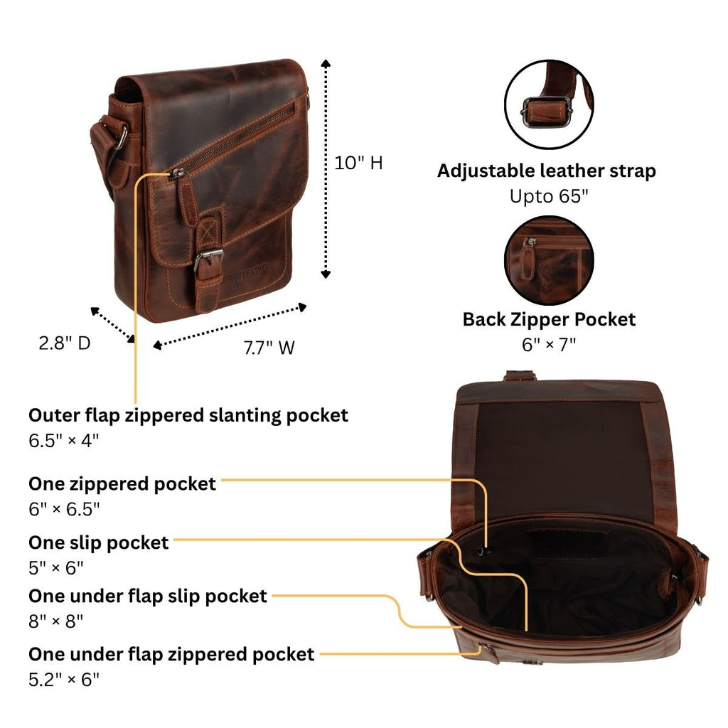 Minori Leather Dallas crossbody bag in chestnut leather with detailed stitching and adjustable strap.