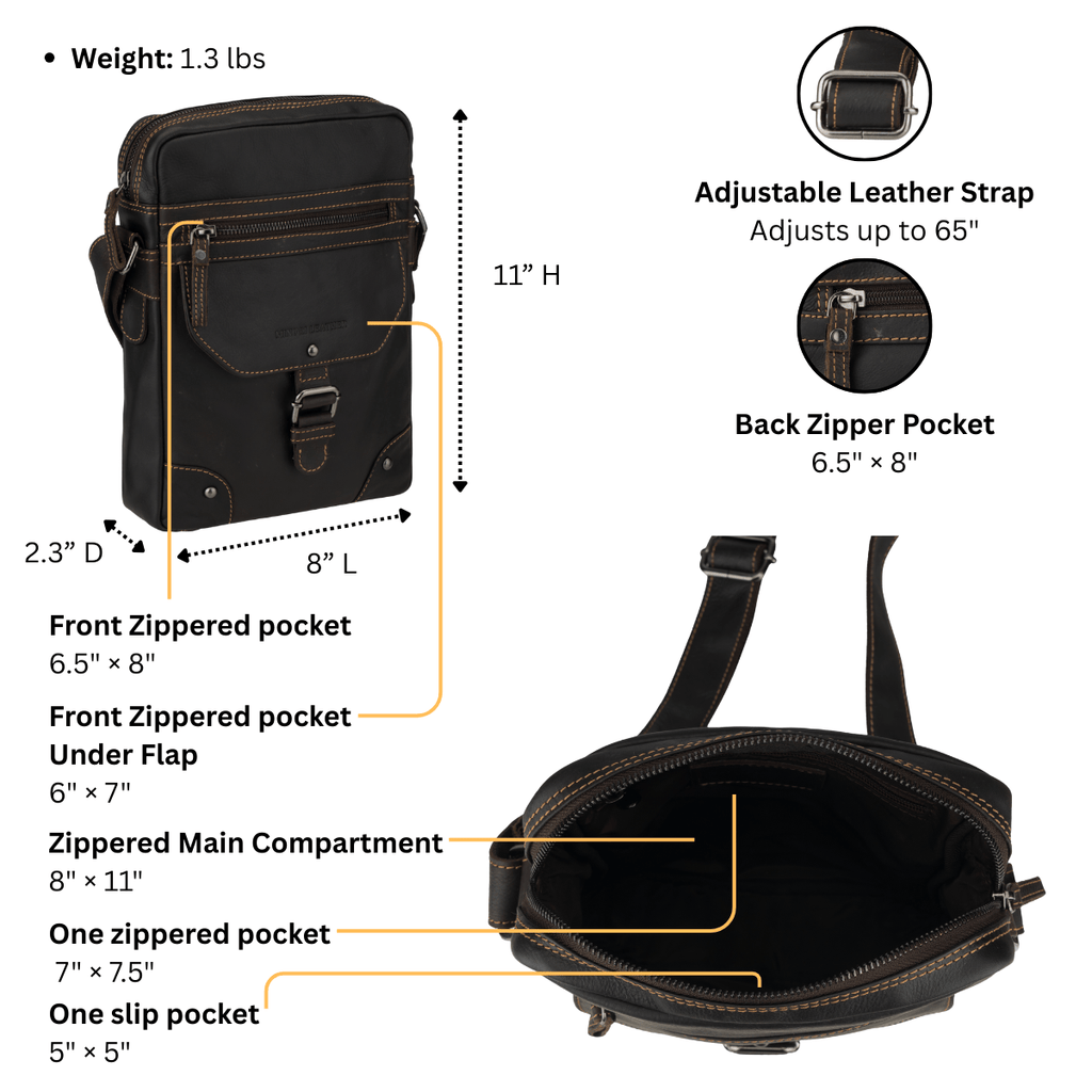 Brown Minori Leather Denver crossbody bag for men and women, featuring sleek leather details and adjustable strap.