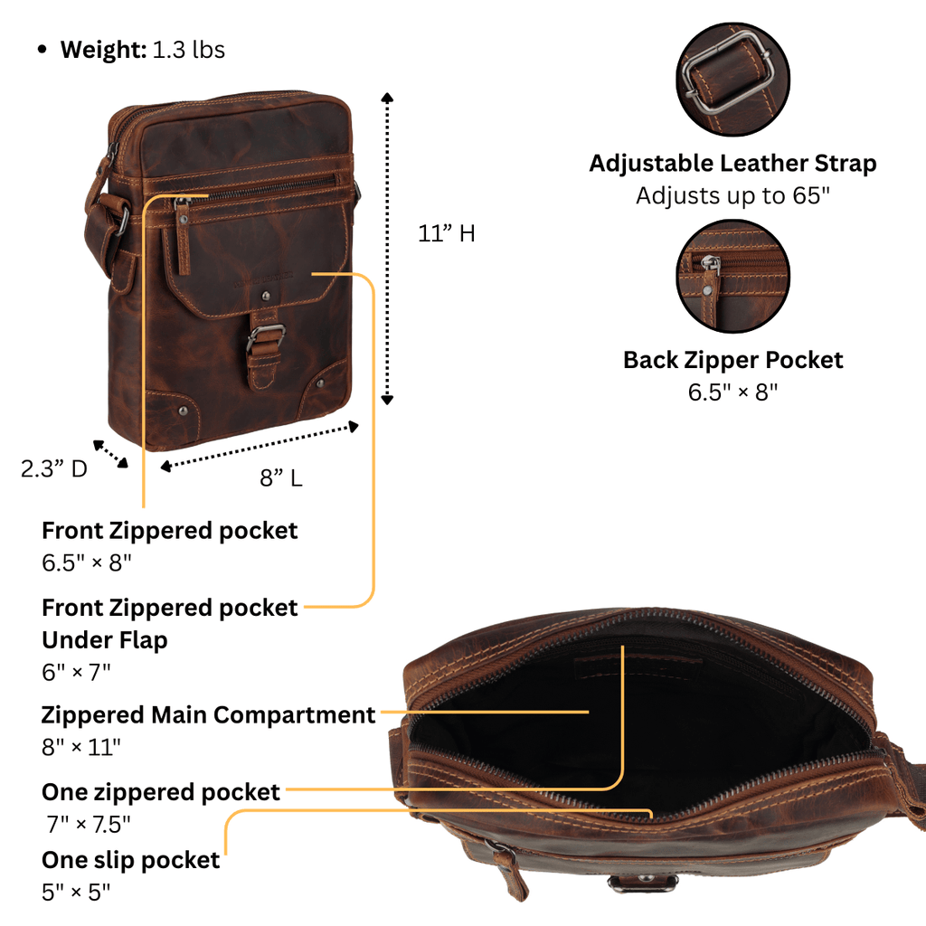 Minori Leather Denver crossbody bag in chestnut leather with adjustable strap and front pocket, unisex design.