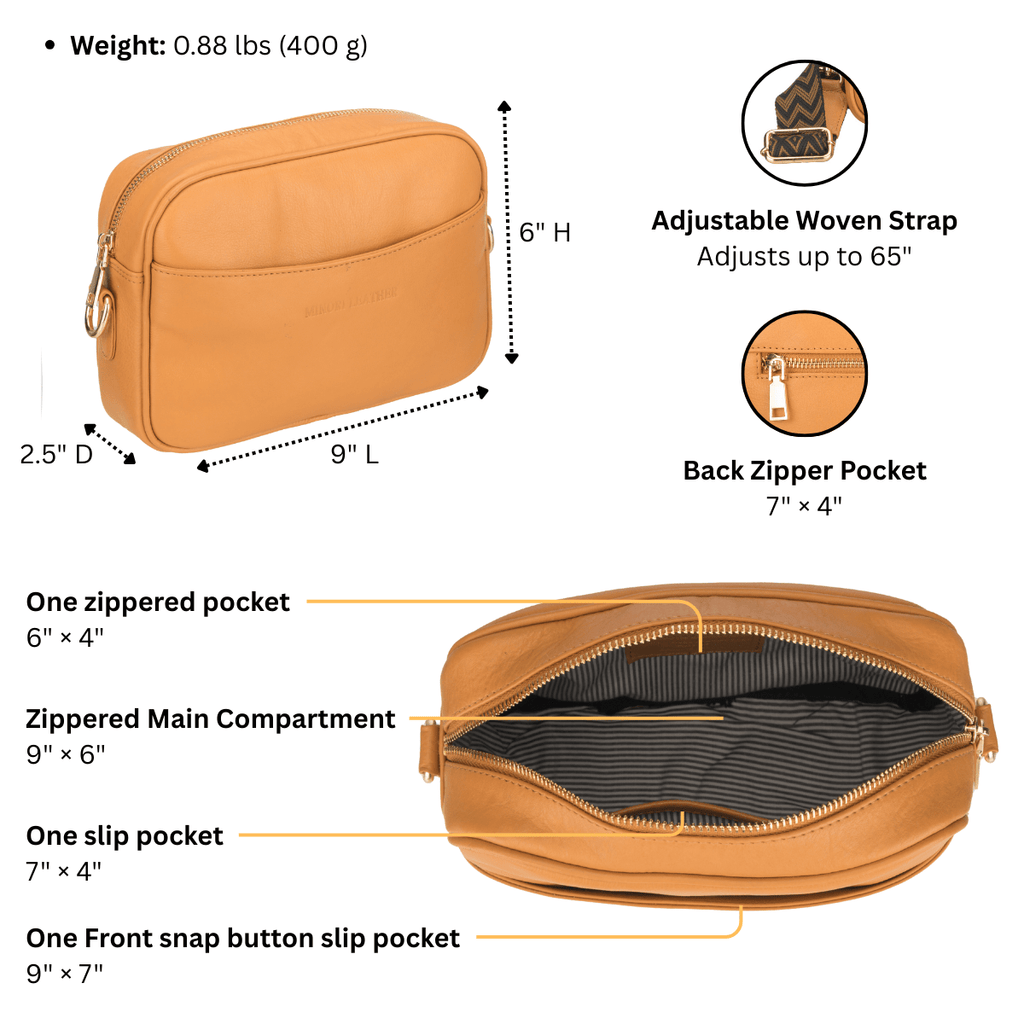Tan Evelyn leather crossbody bag for women by Minori Leather, featuring adjustable strap and sleek design.