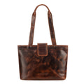 Minori Leather Everett shoulder tote bag made of full-grain chestnut leather, featuring a spacious design and sturdy handles.