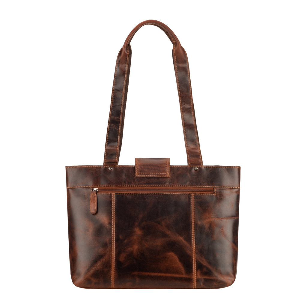Minori Leather Everett leather shoulder tote bag in chestnut with dual top handles and spacious interior.
