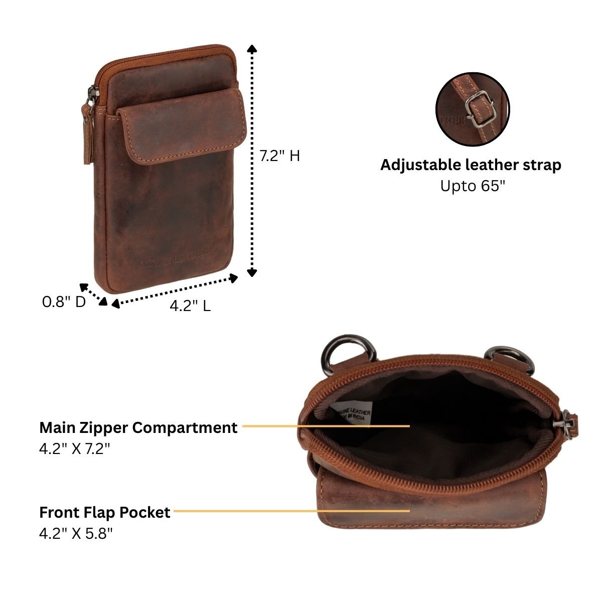 Minori Leather Freya leather sling bag in chestnut color, unisex design with adjustable strap and sleek leather finish.