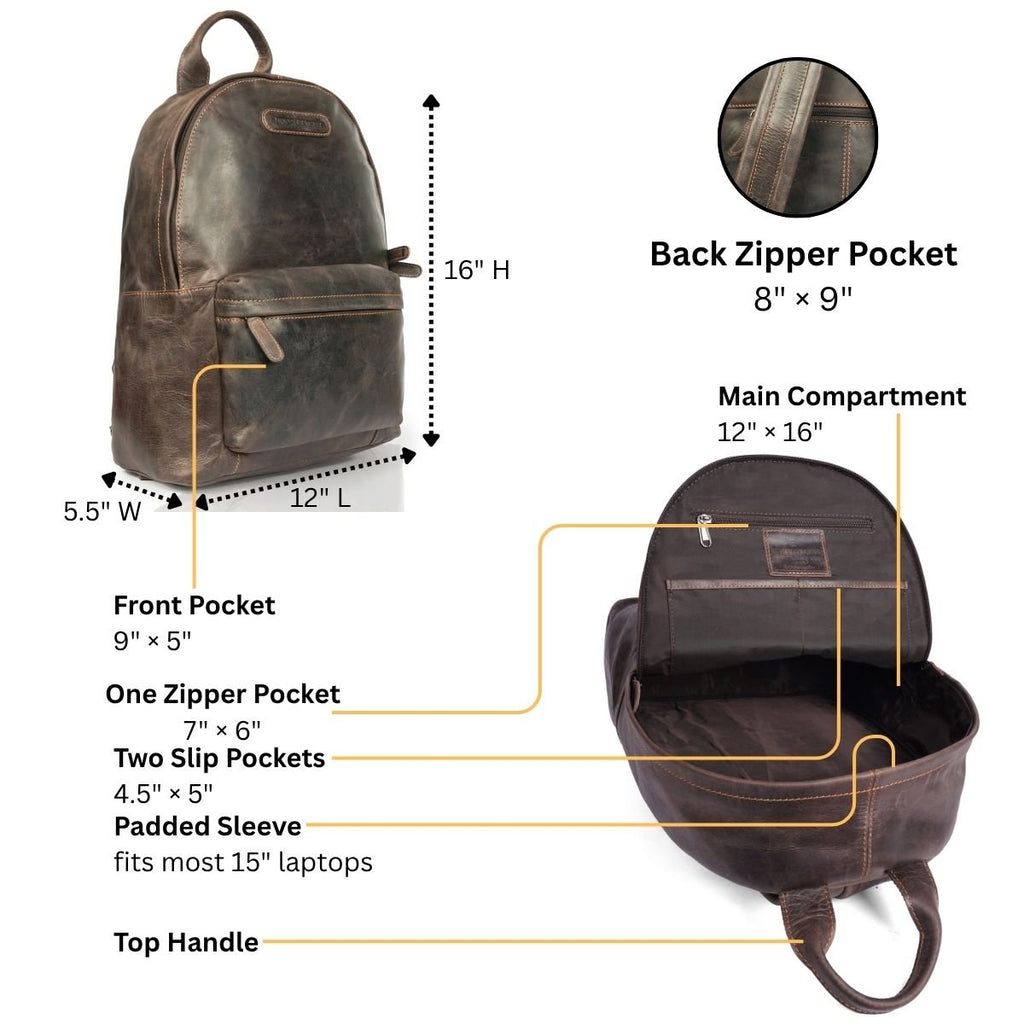 Brown Garth leather backpack by Minori Leather with adjustable straps and multiple compartments for everyday carrying.