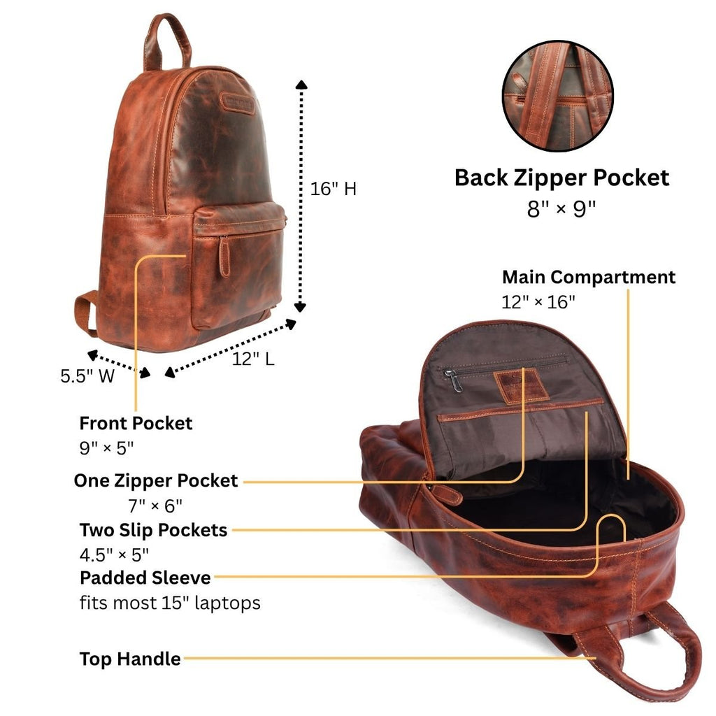 Garth leather backpack by Minori Leather with chestnut brown finish, featuring adjustable straps and multiple compartments