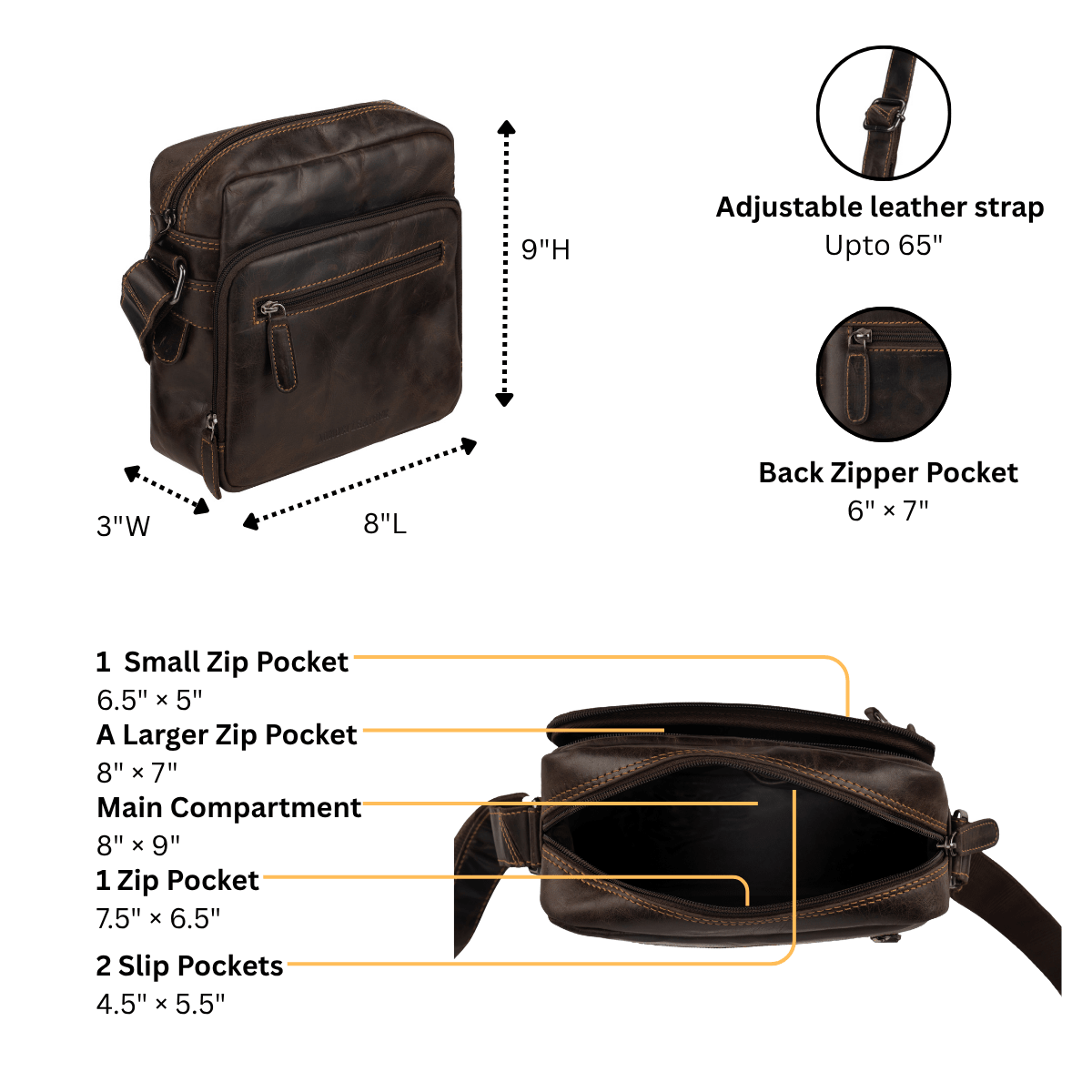 Minori Leather Harbor leather crossbody messenger bag in brown with adjustable strap and front pocket details.