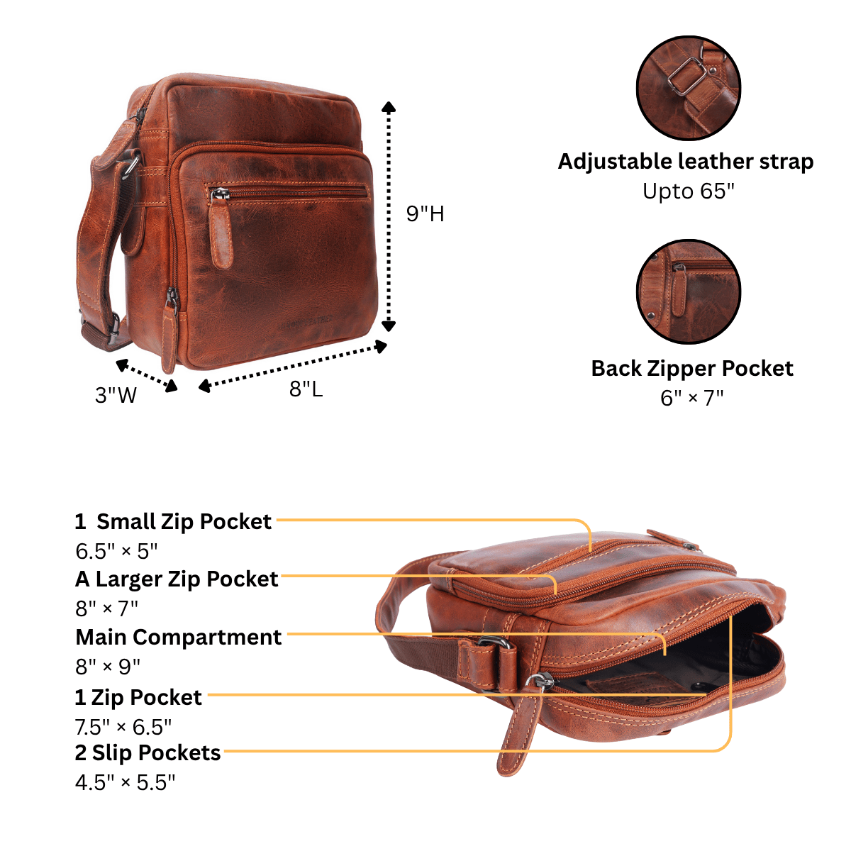 Minori Leather Harbor crossbody bag in chestnut leather with adjustable strap and sleek design, perfect for everyday use.