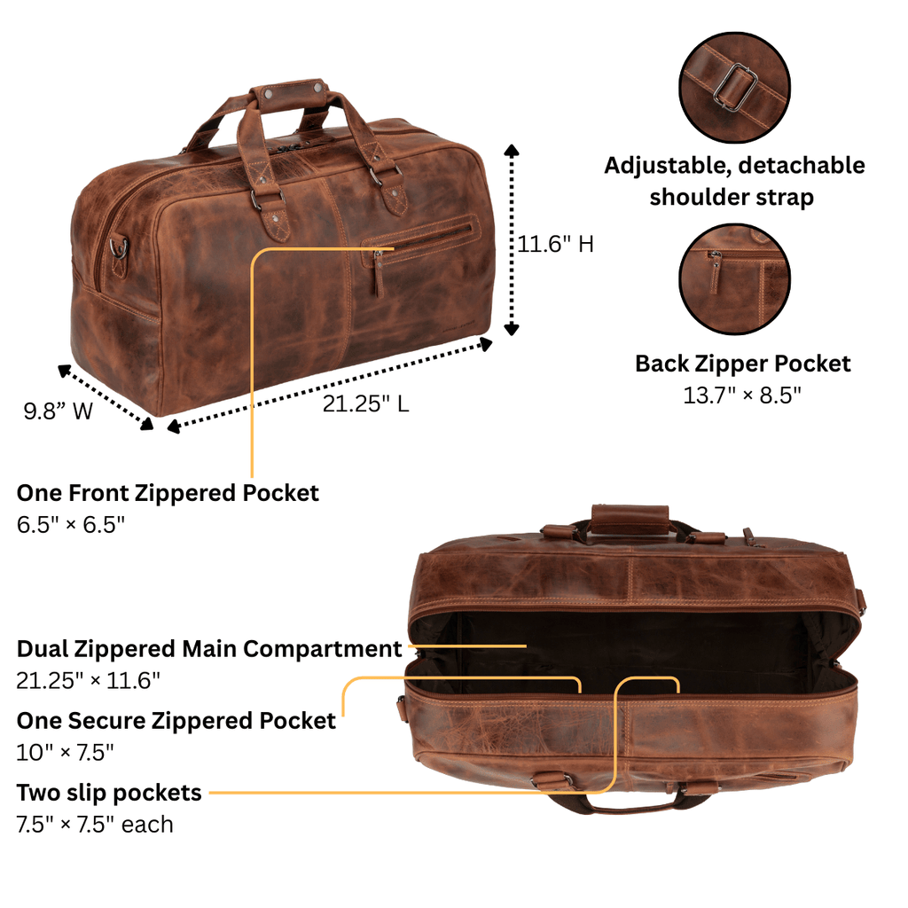 Minori Leather Hudson leather duffle bag in chestnut, unisex design with sturdy handles and spacious interior for travel or daily use.
