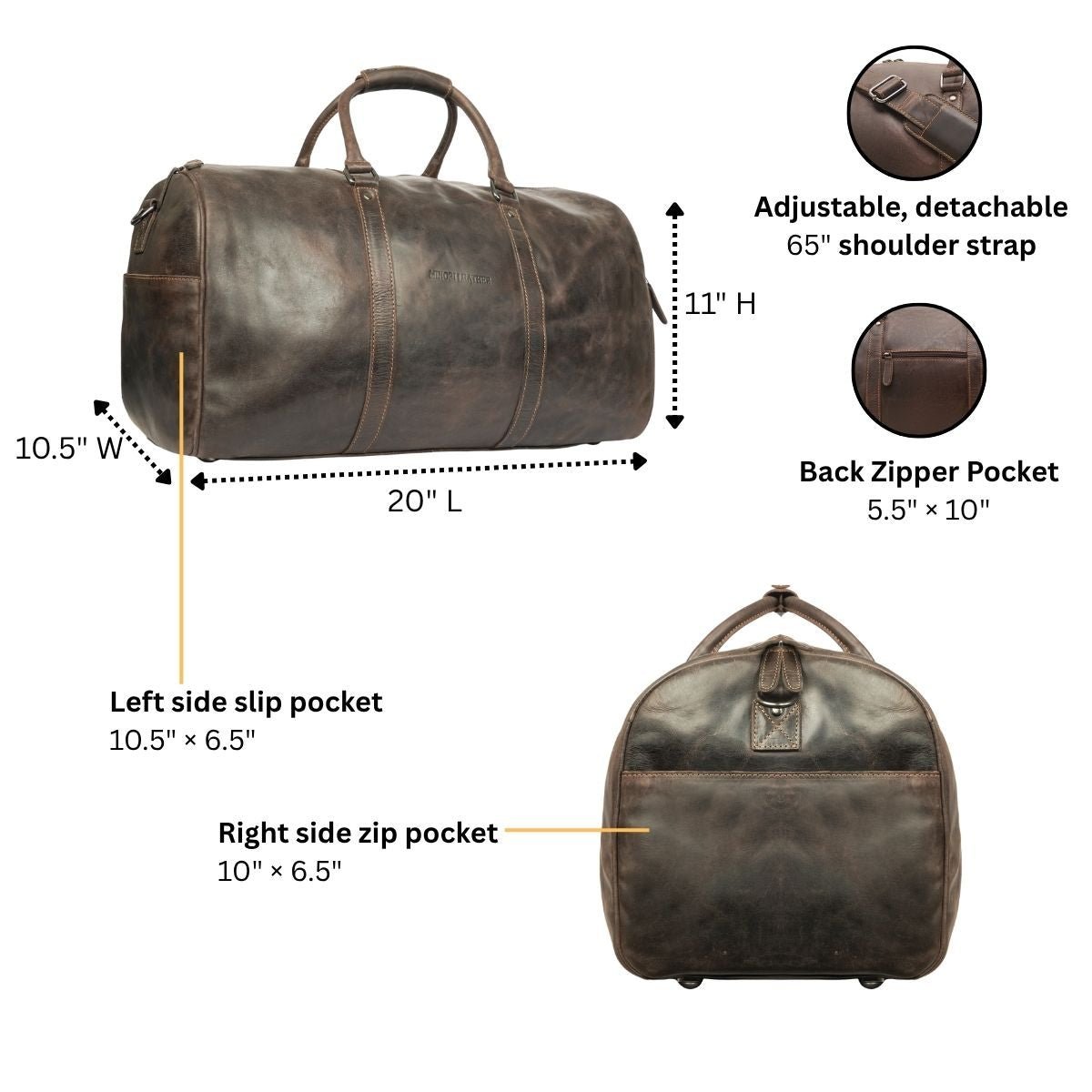 Brown Jackson Leather weekender duffle bag by Minori Leather showing sturdy handles and spacious main compartment.