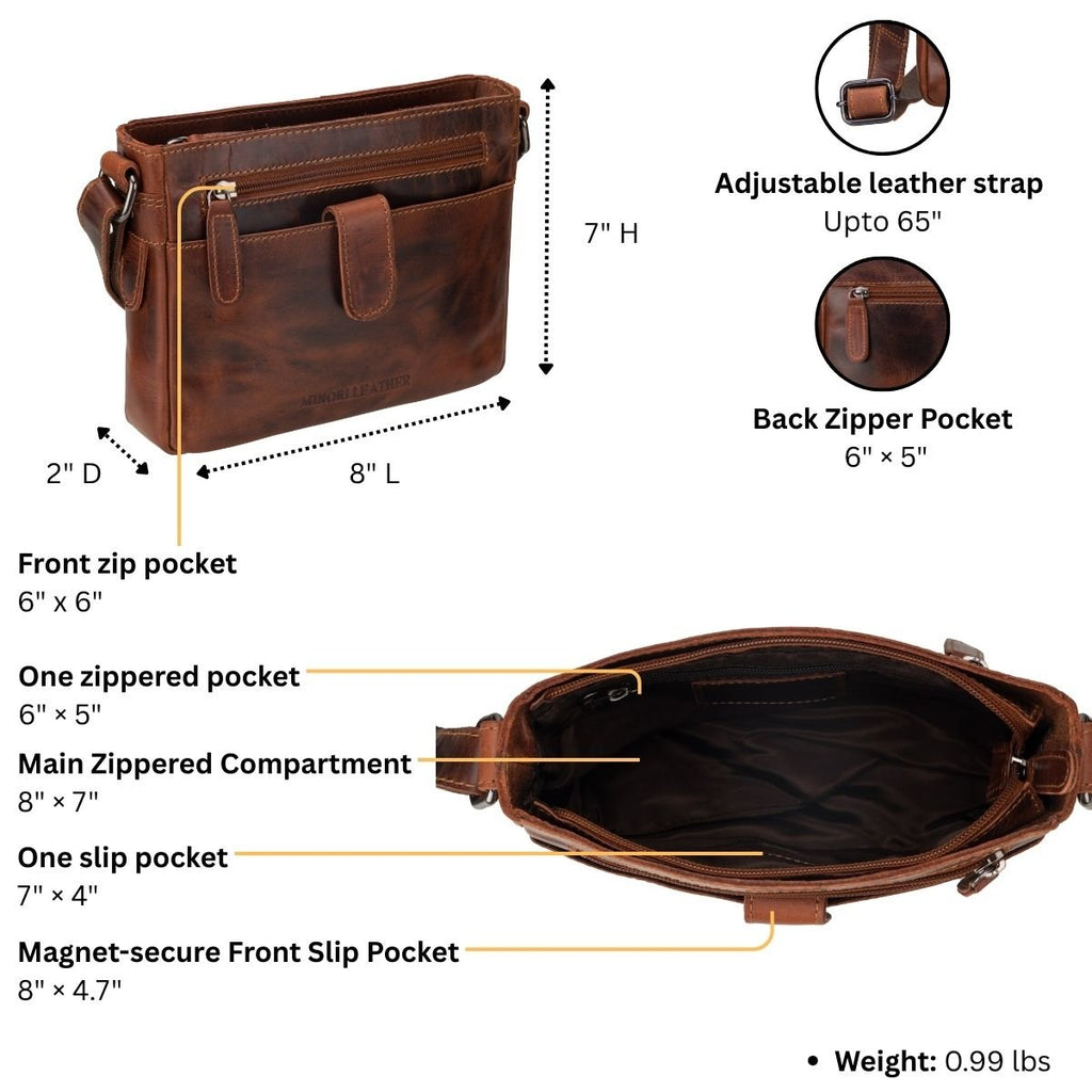Minori Leather Kingston unisex crossbody bag in chestnut leather with adjustable strap and sleek design.