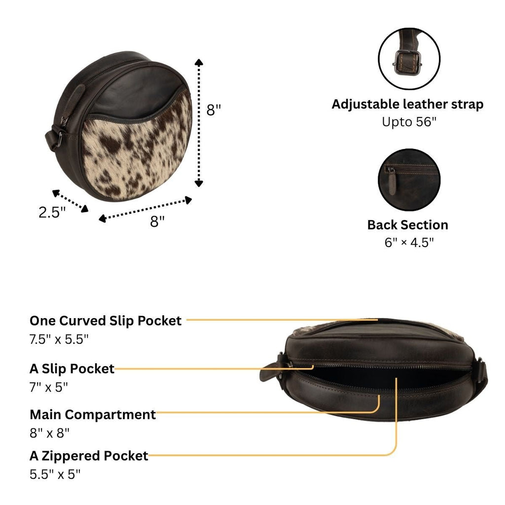 Minori Leather Luna round crossbody bag for women in chestnut, brown, and hair-on brown leather with a sleek, circular design.
