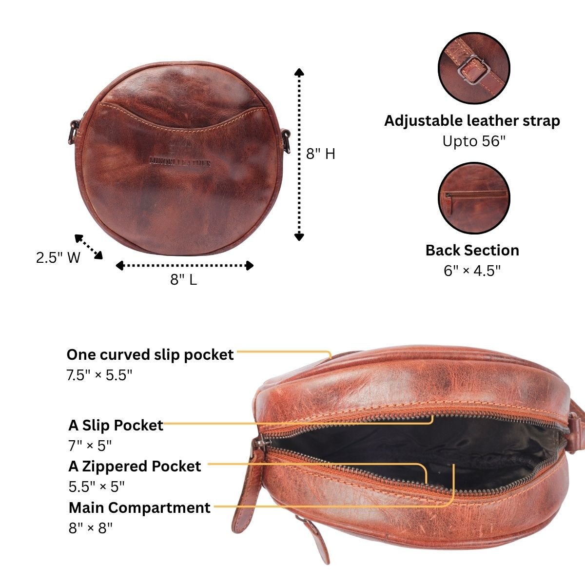 Minori Leather Luna leather round crossbody bag in chestnut and brown with hair-on brown accents, featuring a stylish compact design.