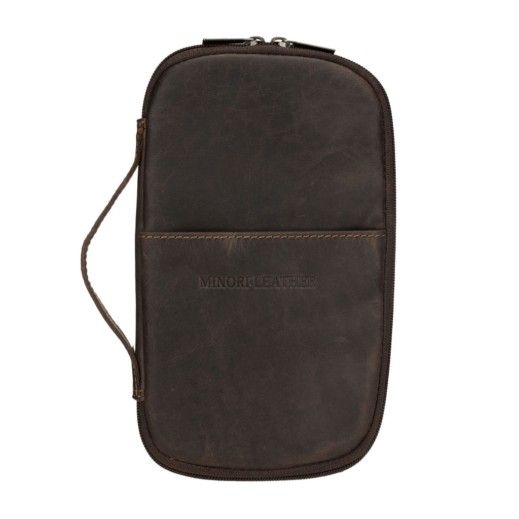 Brown Monroe Leather Passport Wallet by Minori Leather, featuring multiple card slots and a sleek, compact design.