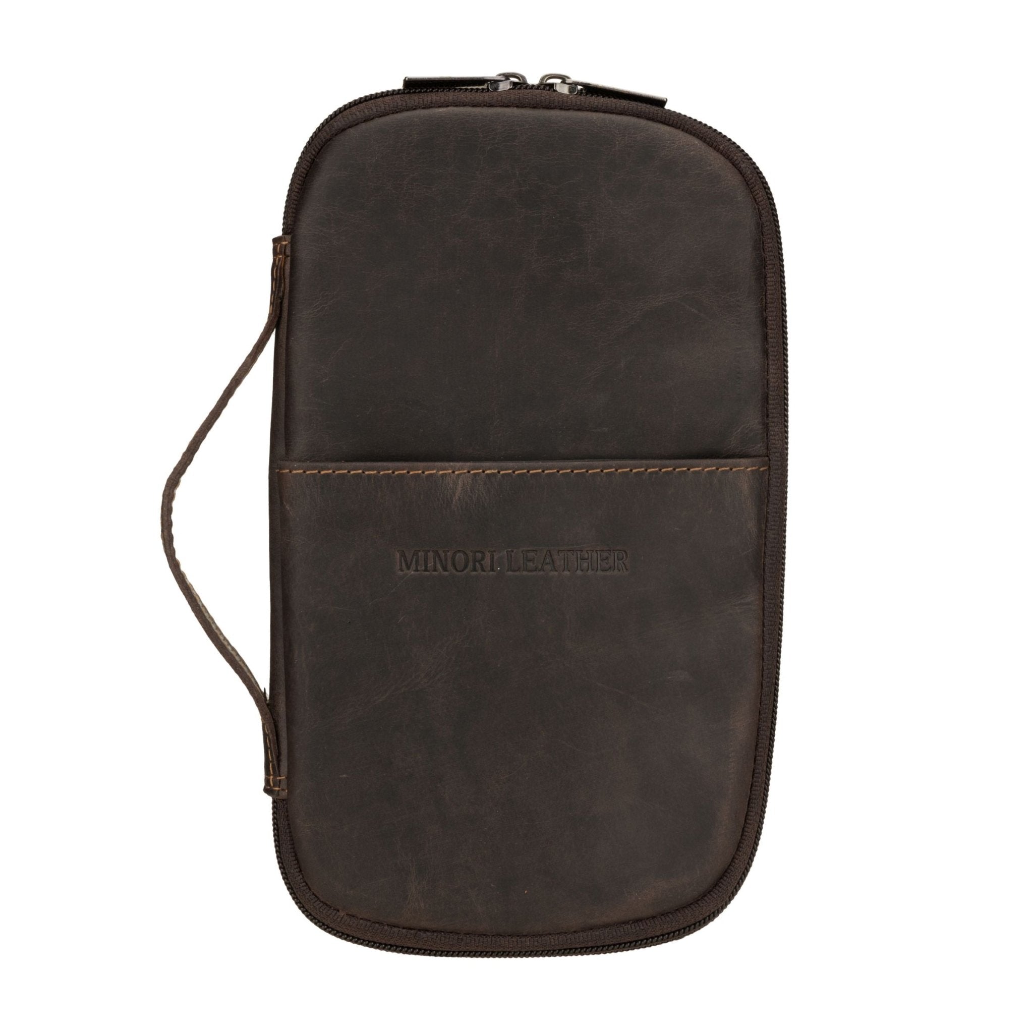 Brown Monroe Leather Passport Wallet by Minori Leather, featuring multiple card slots and a sleek, compact design.