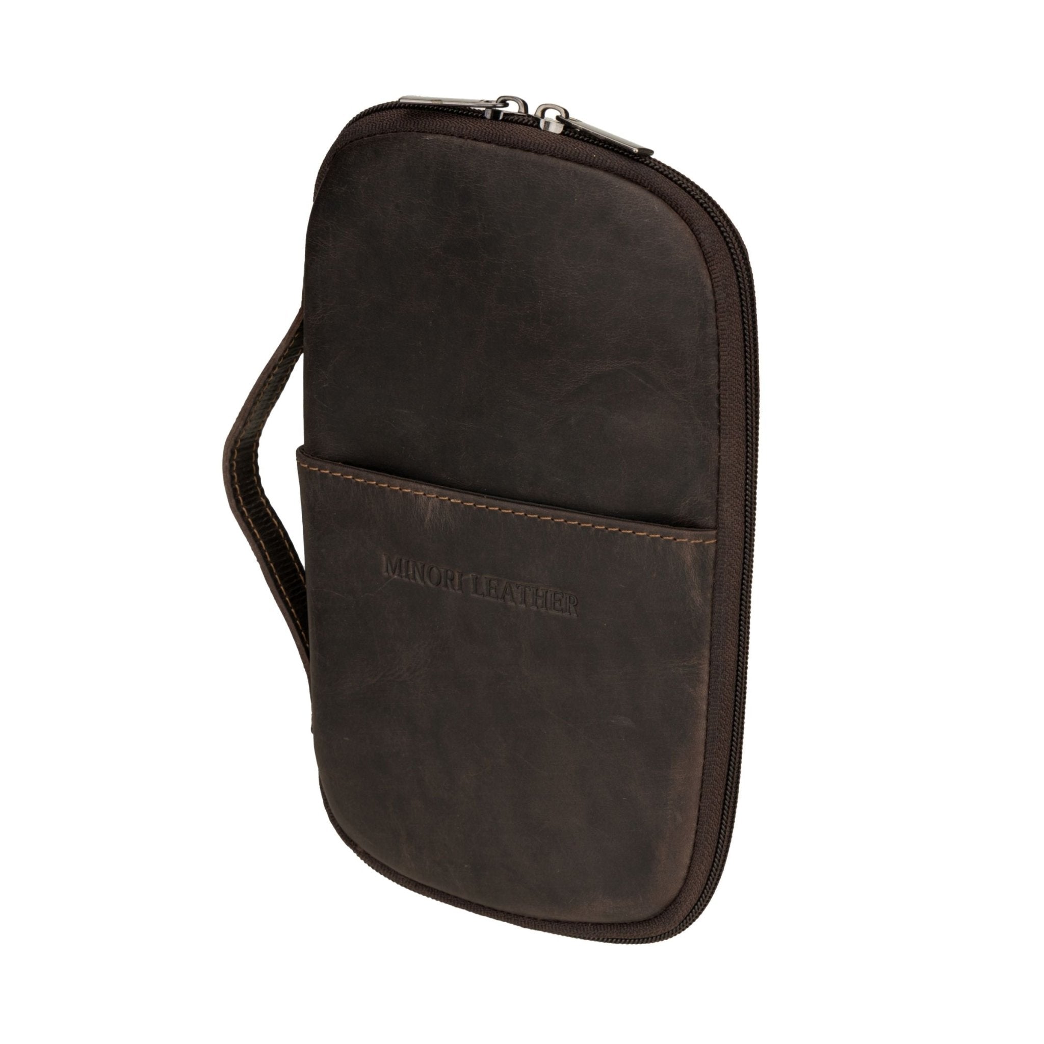 Minori Leather Monroe leather passport wallet in brown with multiple card slots and RFID protection.