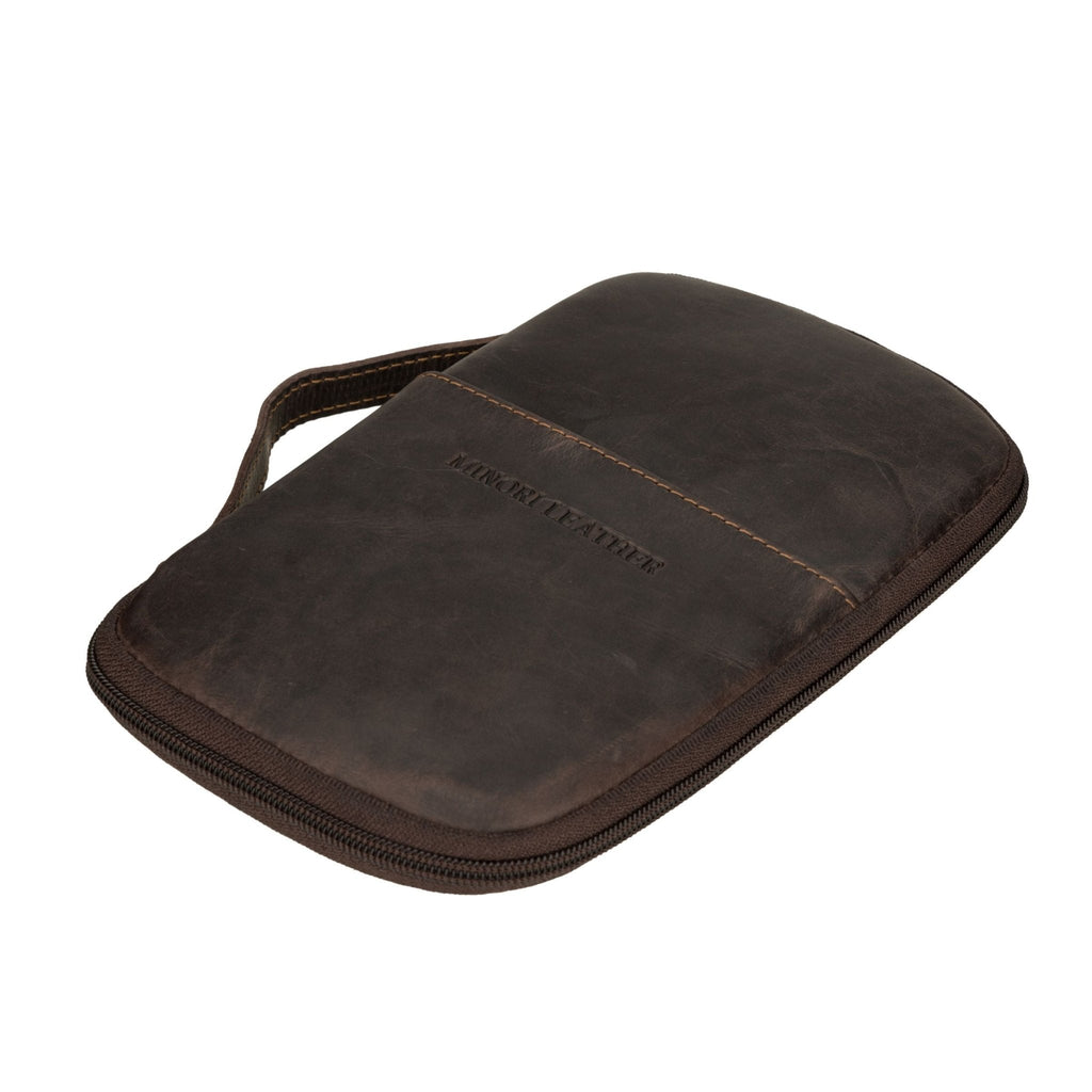 Minori Leather Monroe leather passport wallet in brown with multiple card slots and a sleek, compact design.