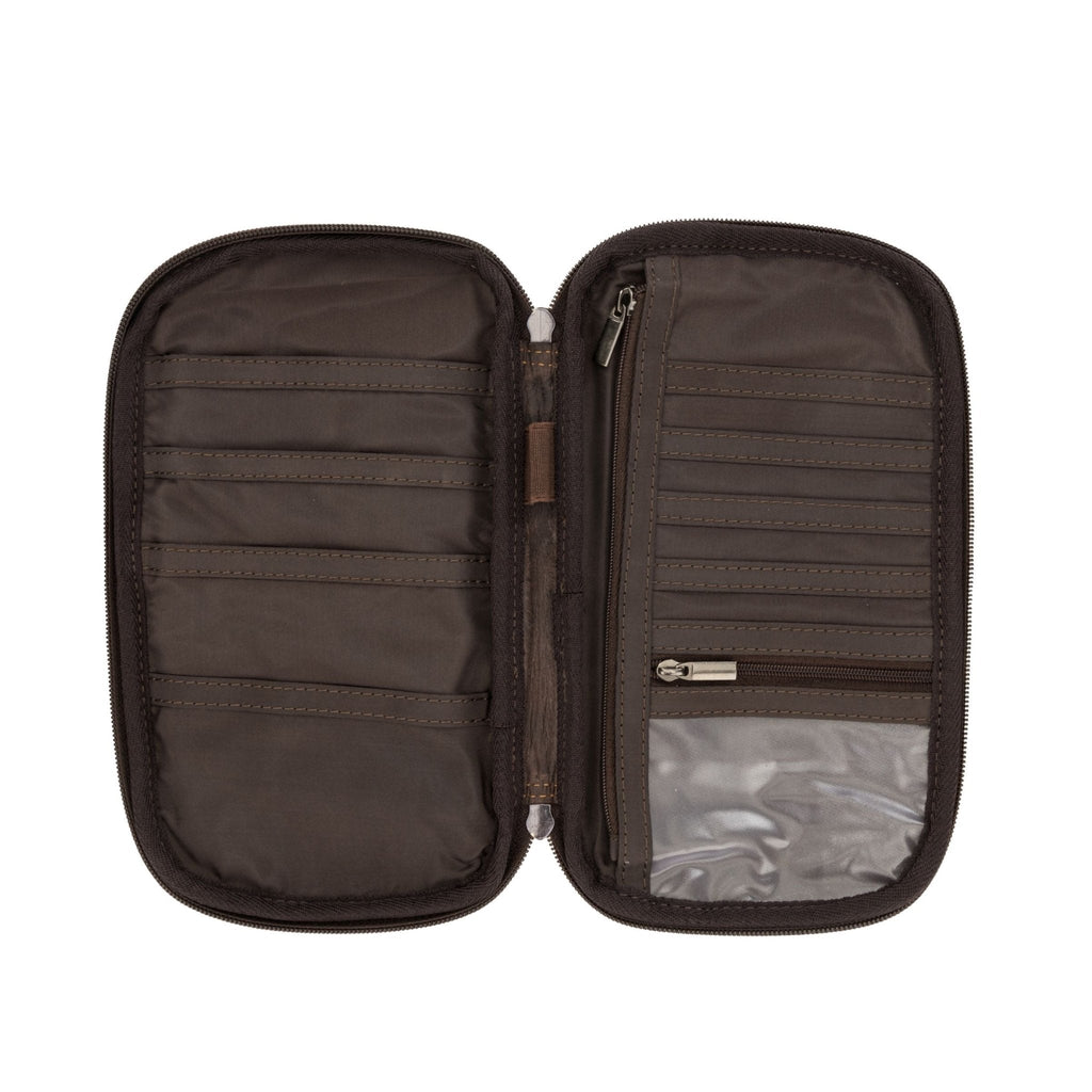 Minori Leather Monroe Brown Leather Passport Wallet showing multiple card slots and secure passport compartment.