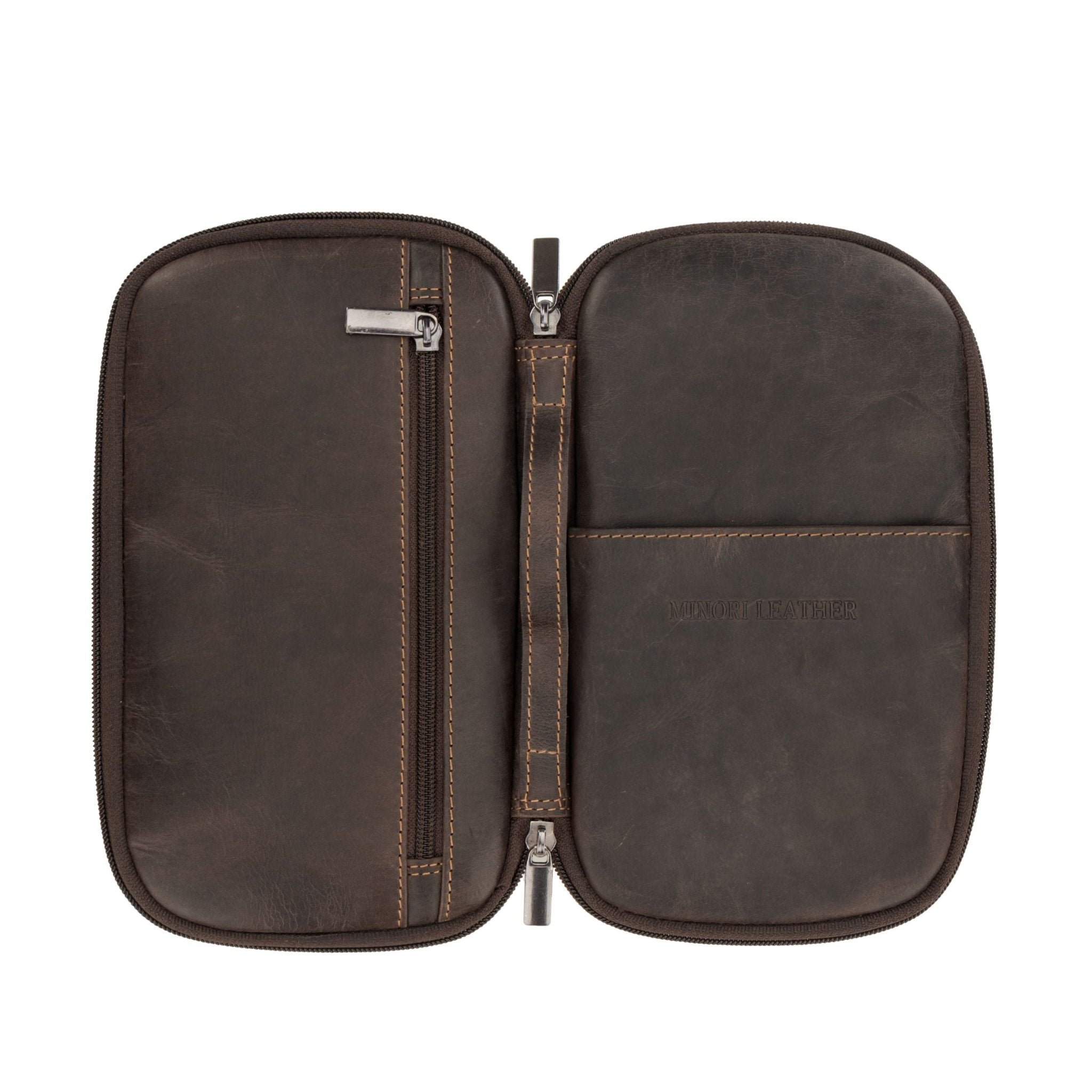 Brown Monroe leather passport wallet by Minori Leather featuring compact design and multiple card slots.