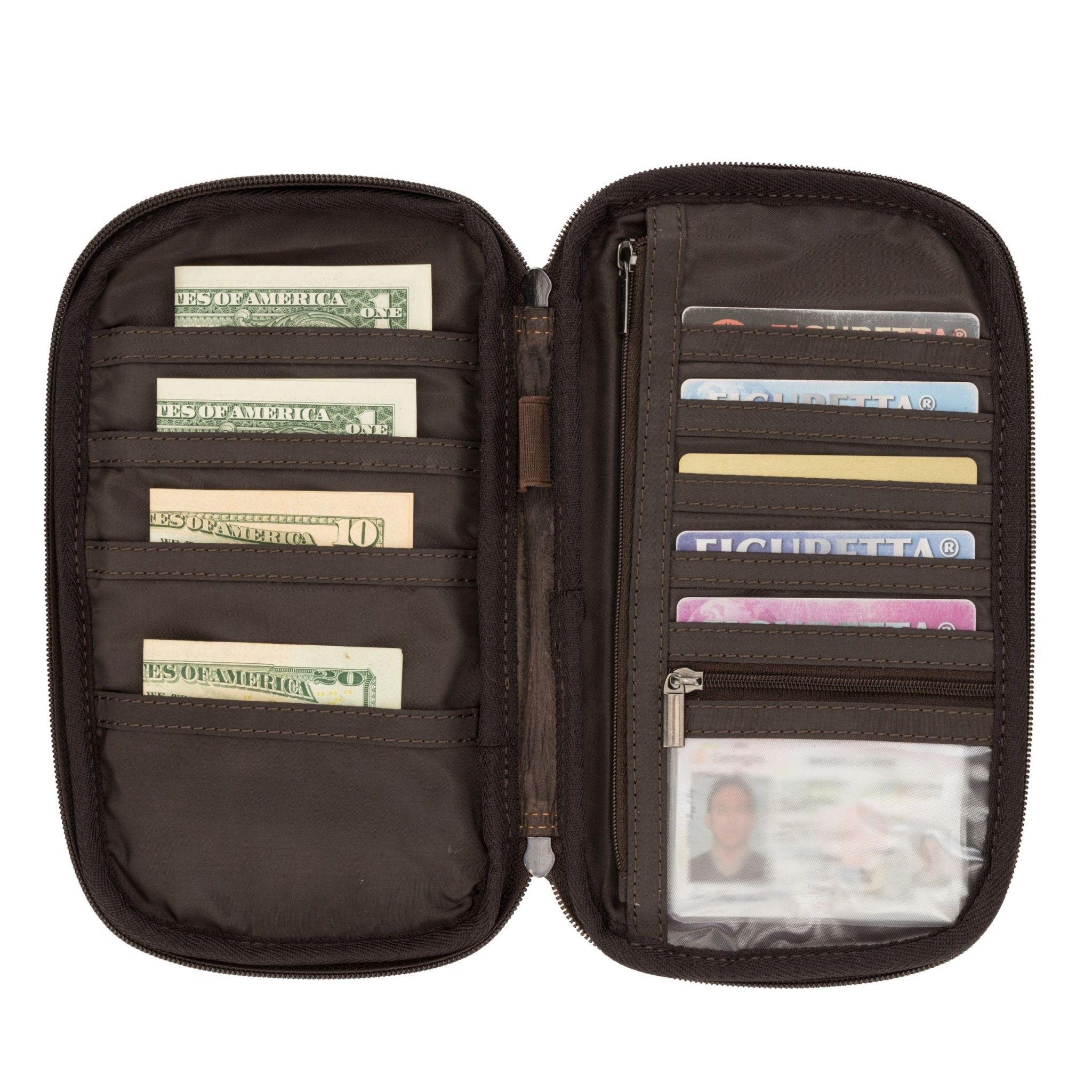 Minori Leather Monroe leather passport wallet in brown with multiple card slots and RFID protection on a white background.