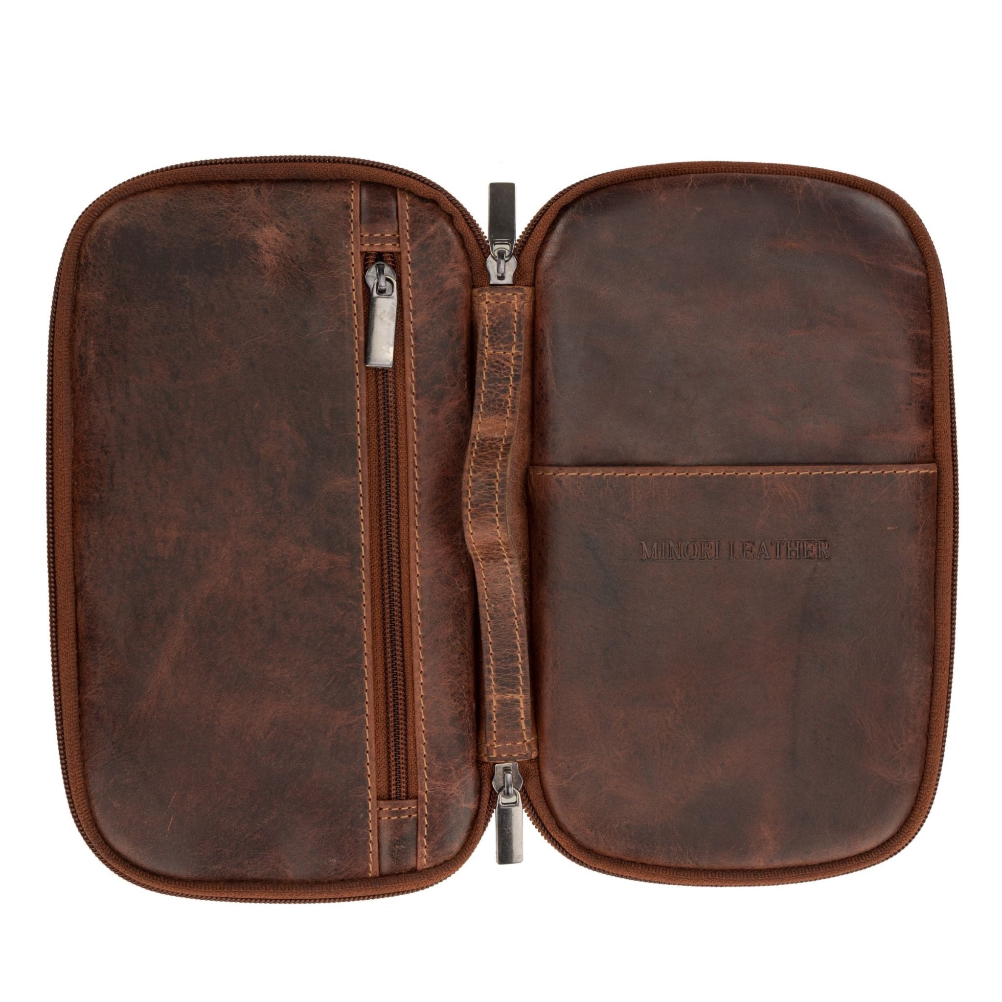 Minori Leather Monroe Leather Passport Wallet in chestnut color with leather texture and secure card slots.