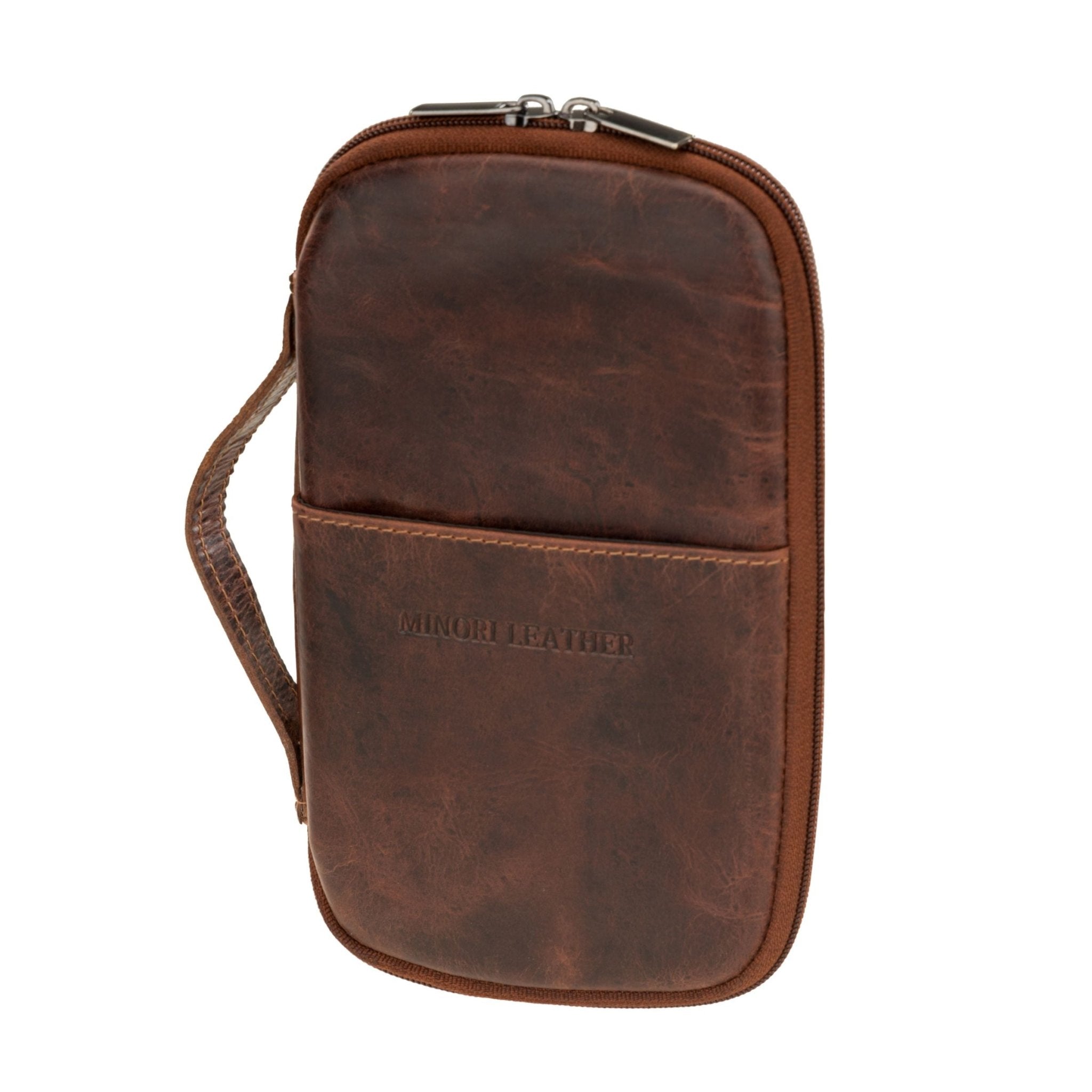Minori Leather Monroe leather passport wallet in chestnut with multiple card slots and a sleek, compact design.